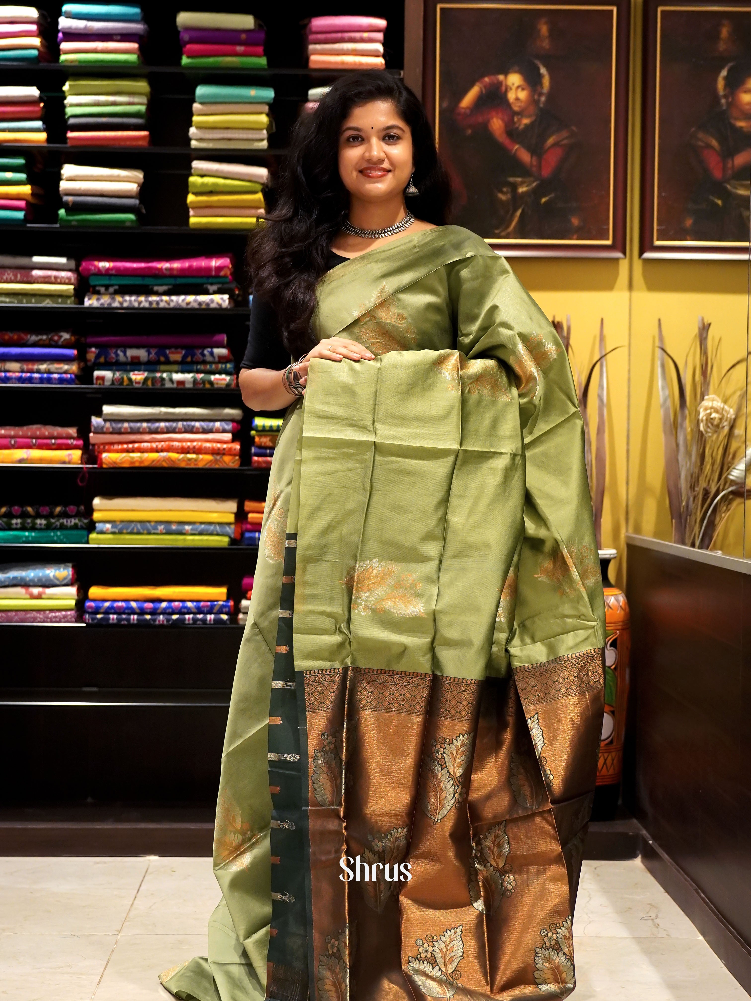 Green and dark green - Semi soft silk saree