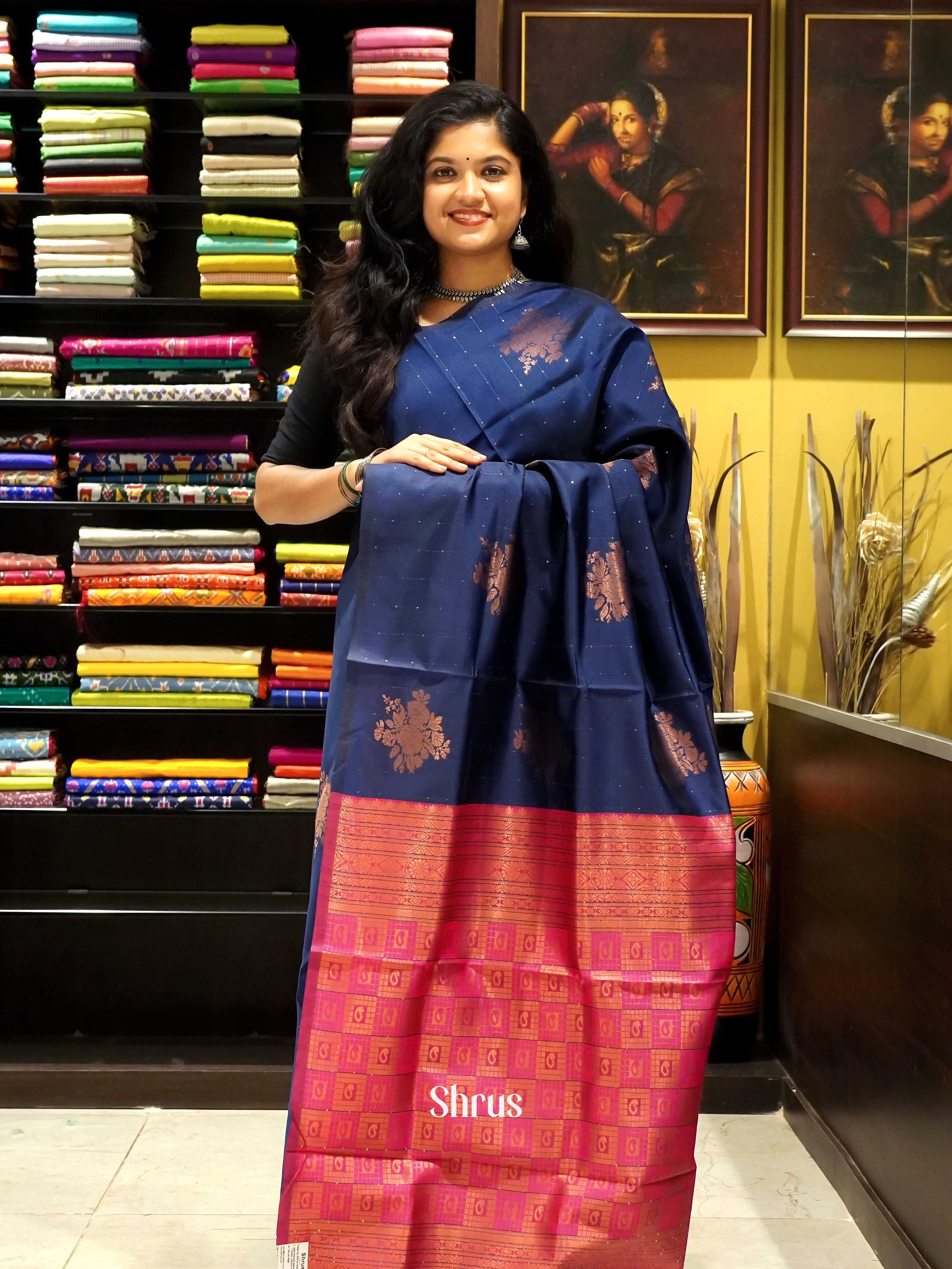 blue and pink- semi soft silk saree