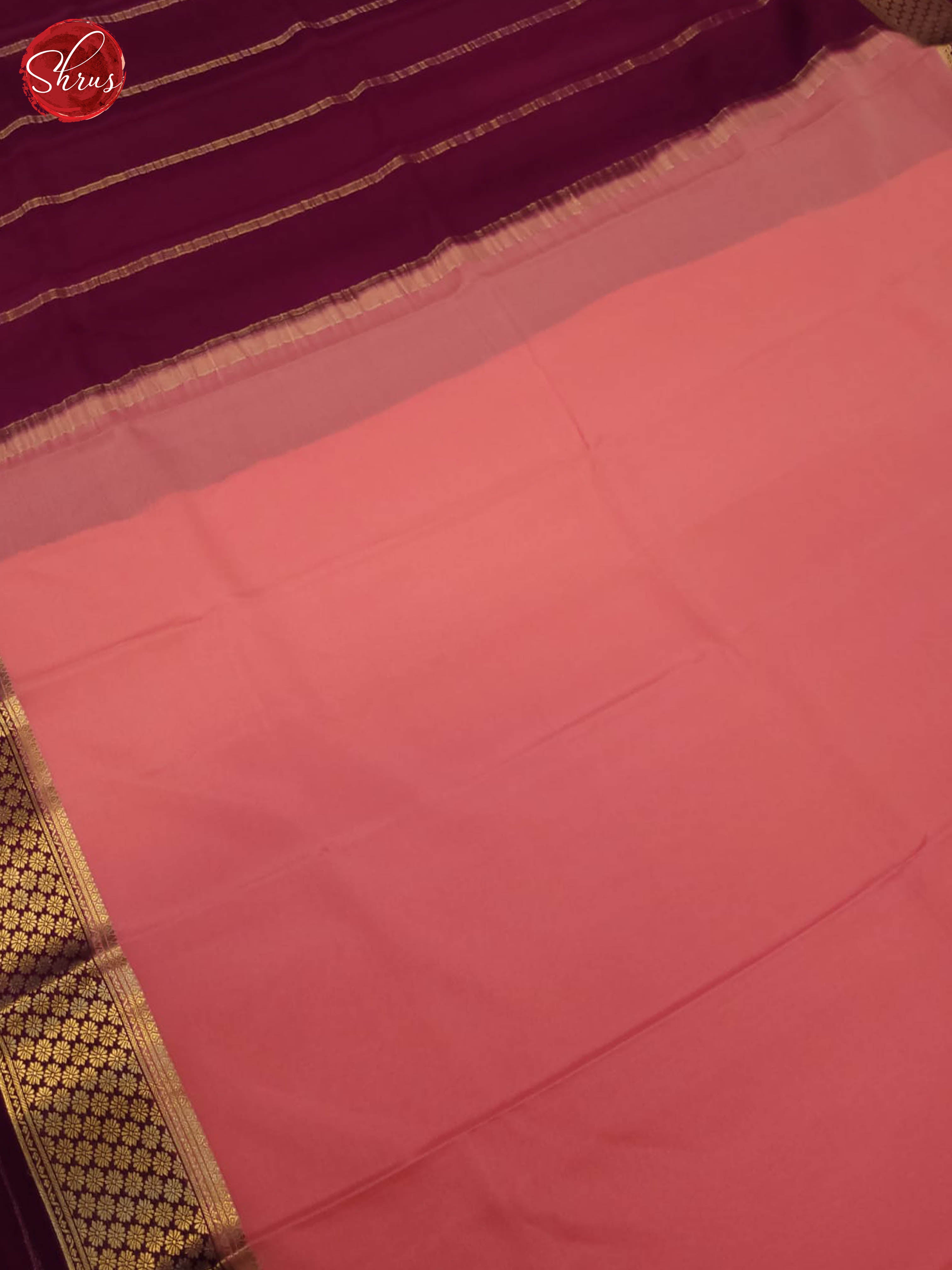 Peachish pink and wine- Mysore Silk Saree - Shop on ShrusEternity.com