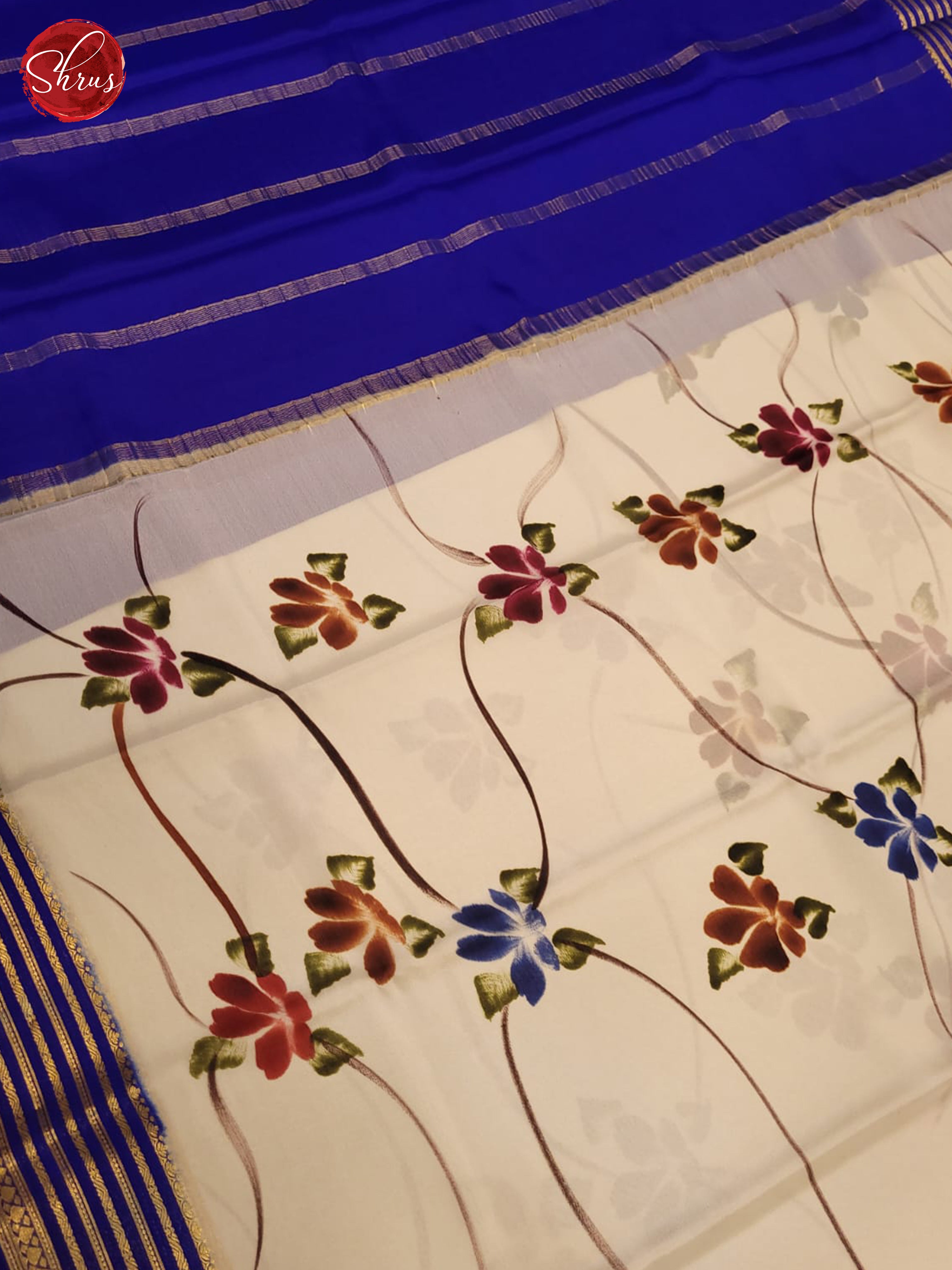 cream and blue- Mysore Silk Saree - Shop on ShrusEternity.com