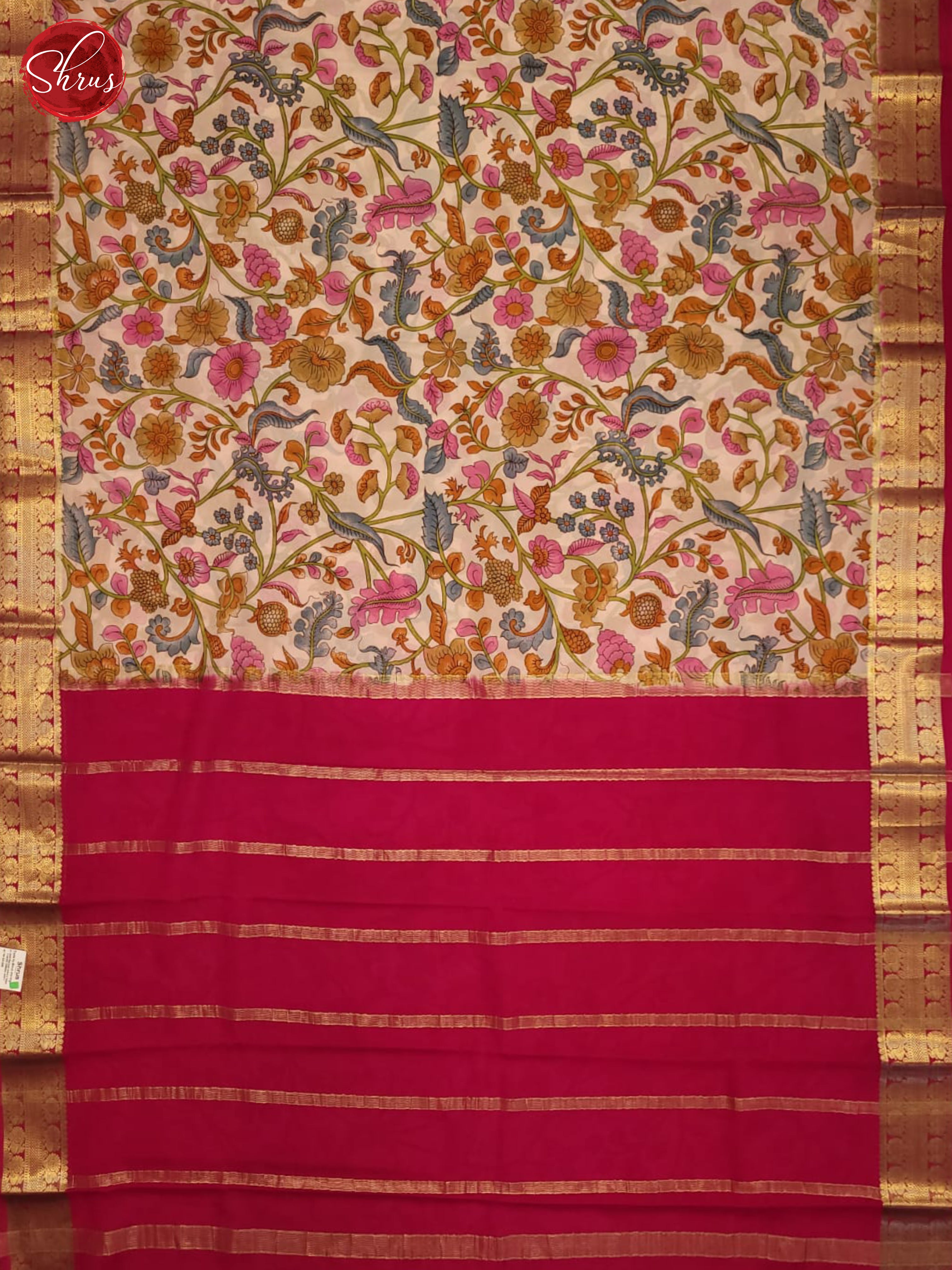 Cream and pink- Mysore Silk Saree - Shop on ShrusEternity.com