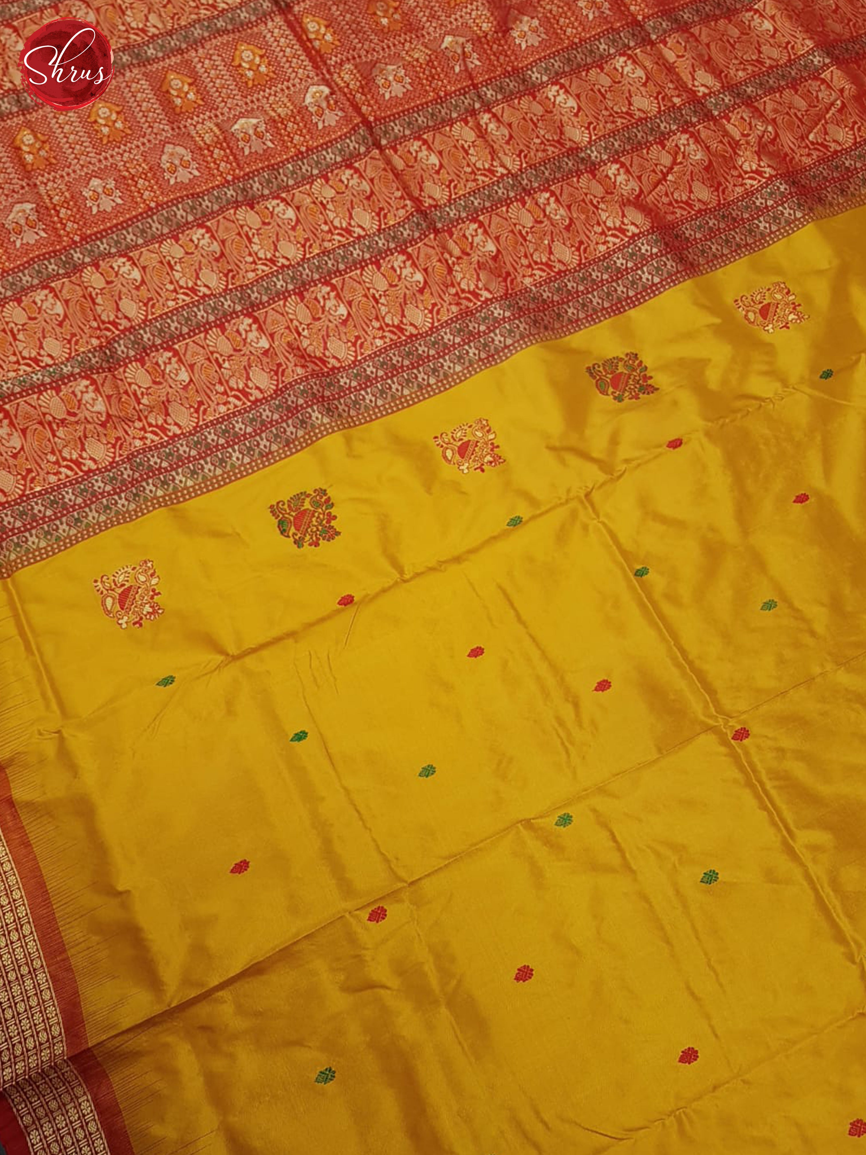 Mustardy Yellow & Red - Odisha Sambalpuri Silk Saree - Shop on ShrusEternity.com