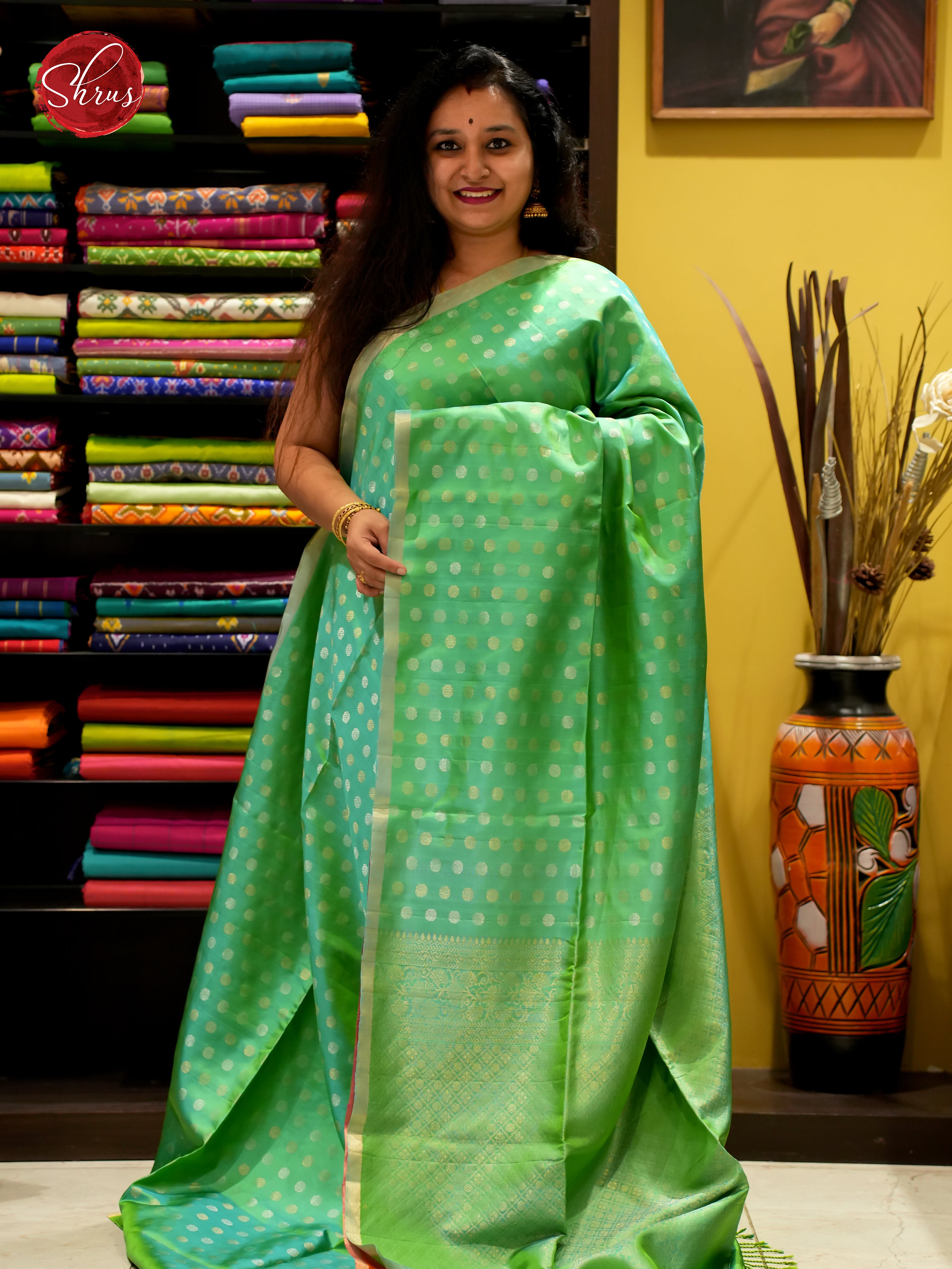 Green And Orangish Pink-Soft Silk saree - Shop on ShrusEternity.com