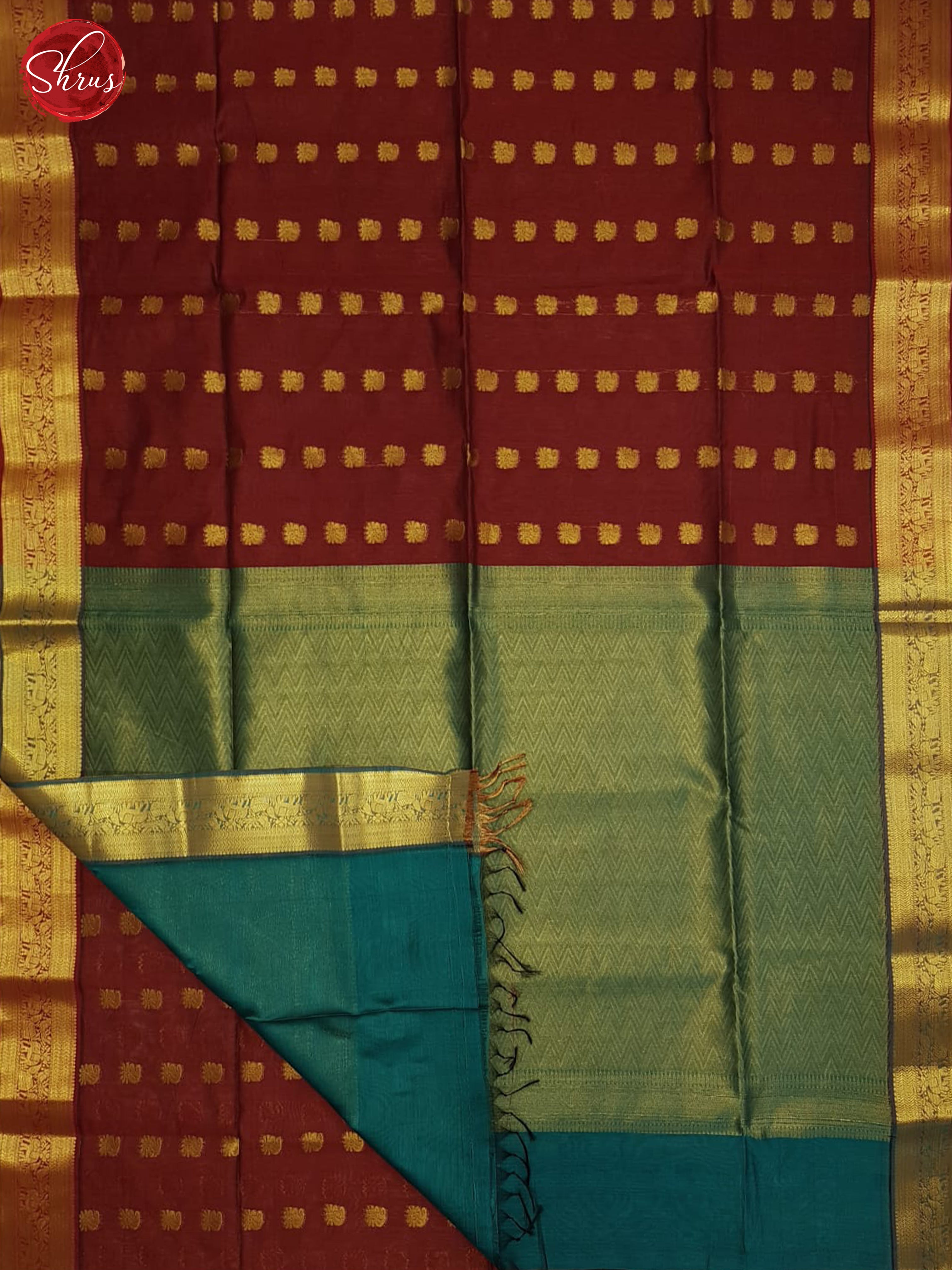 Arakku maroon and teal blue- Semi Silkcotton Saree - Shop on ShrusEternity.com