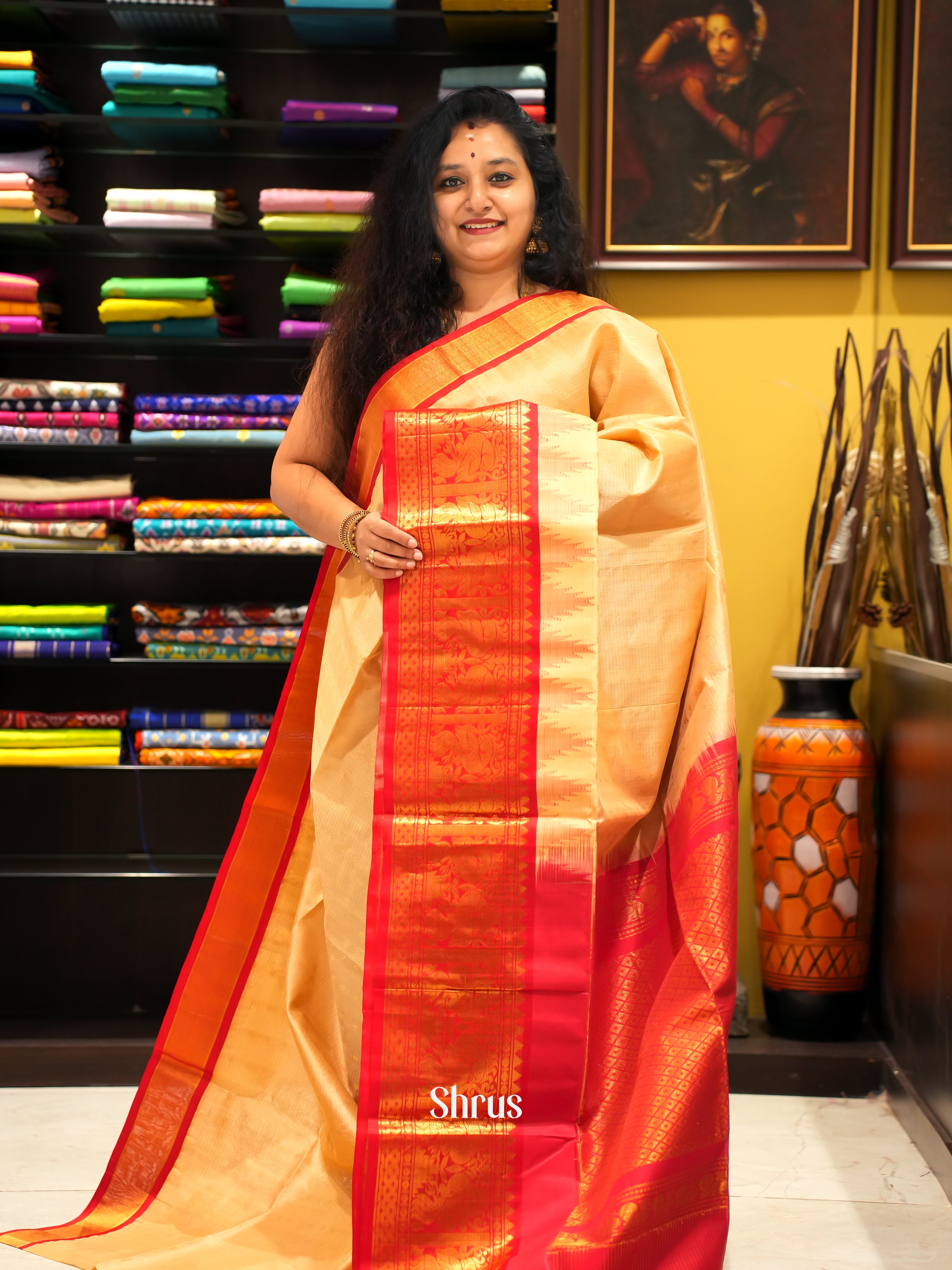 beige and red - Silk Cotton Saree