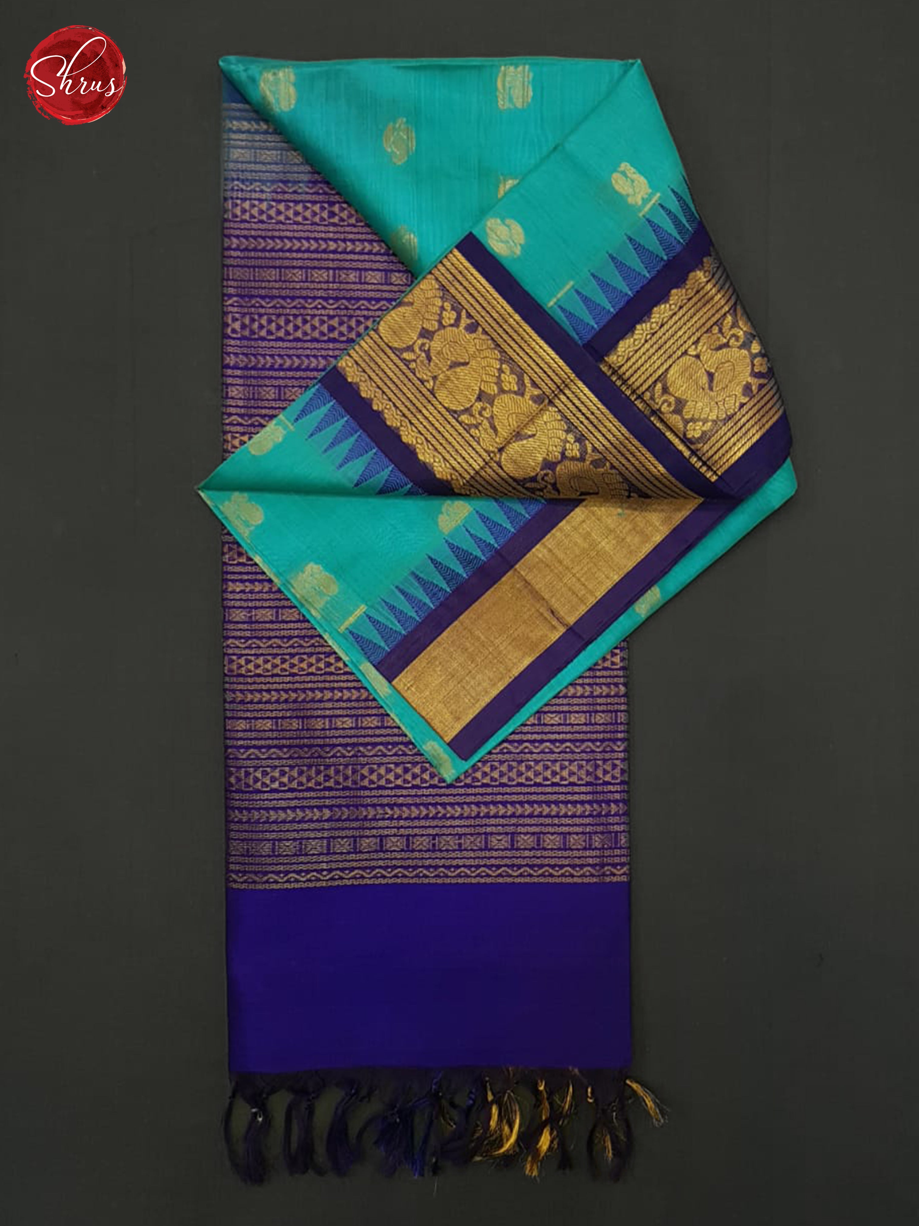 Teal Blue & Blue - Silk Cotton Saree - Shop on ShrusEternity.com