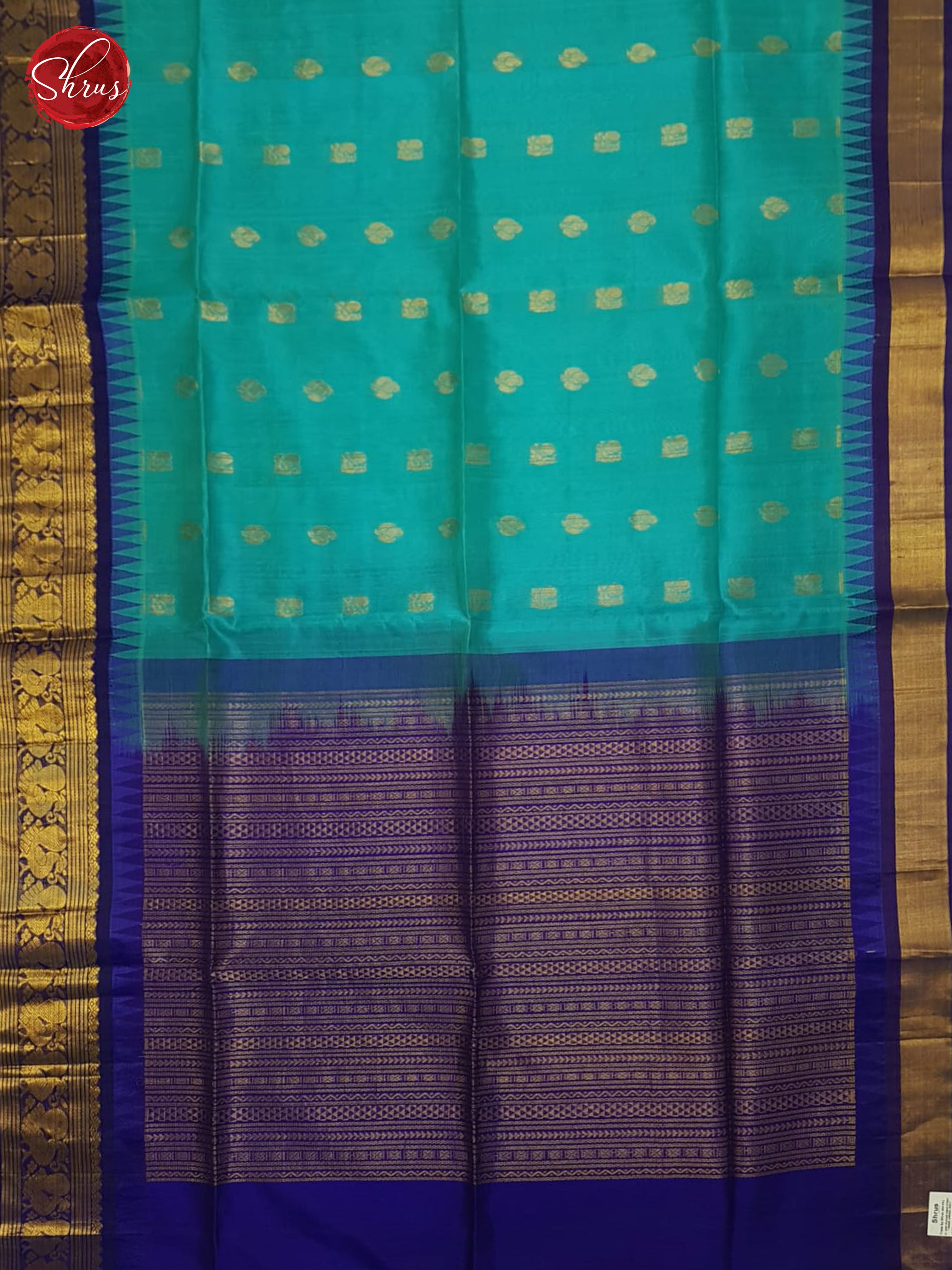 Teal Blue & Blue - Silk Cotton Saree - Shop on ShrusEternity.com