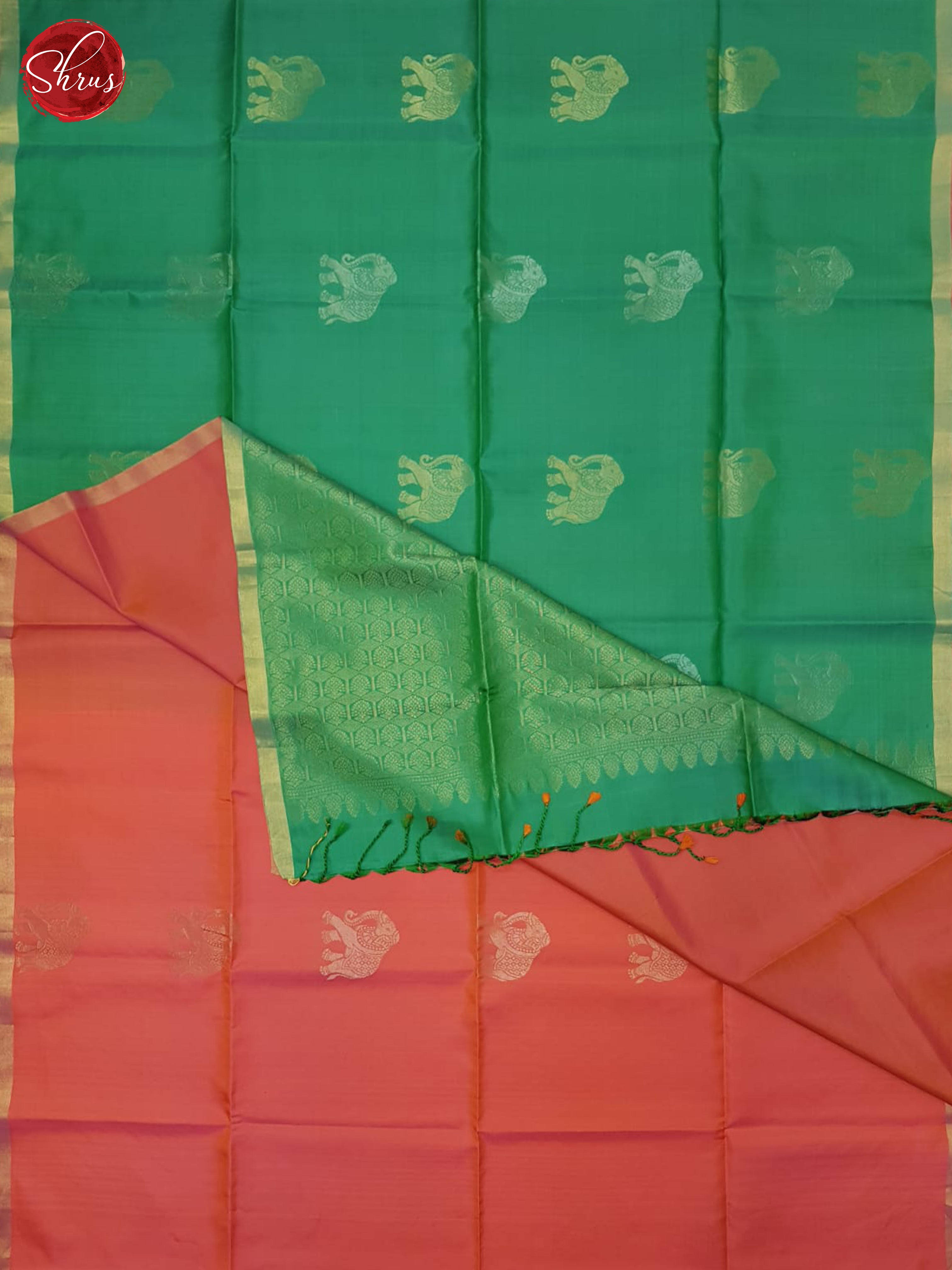 Green & Orangish Pink  - Soft Silk Saree - Shop on ShrusEternity.com