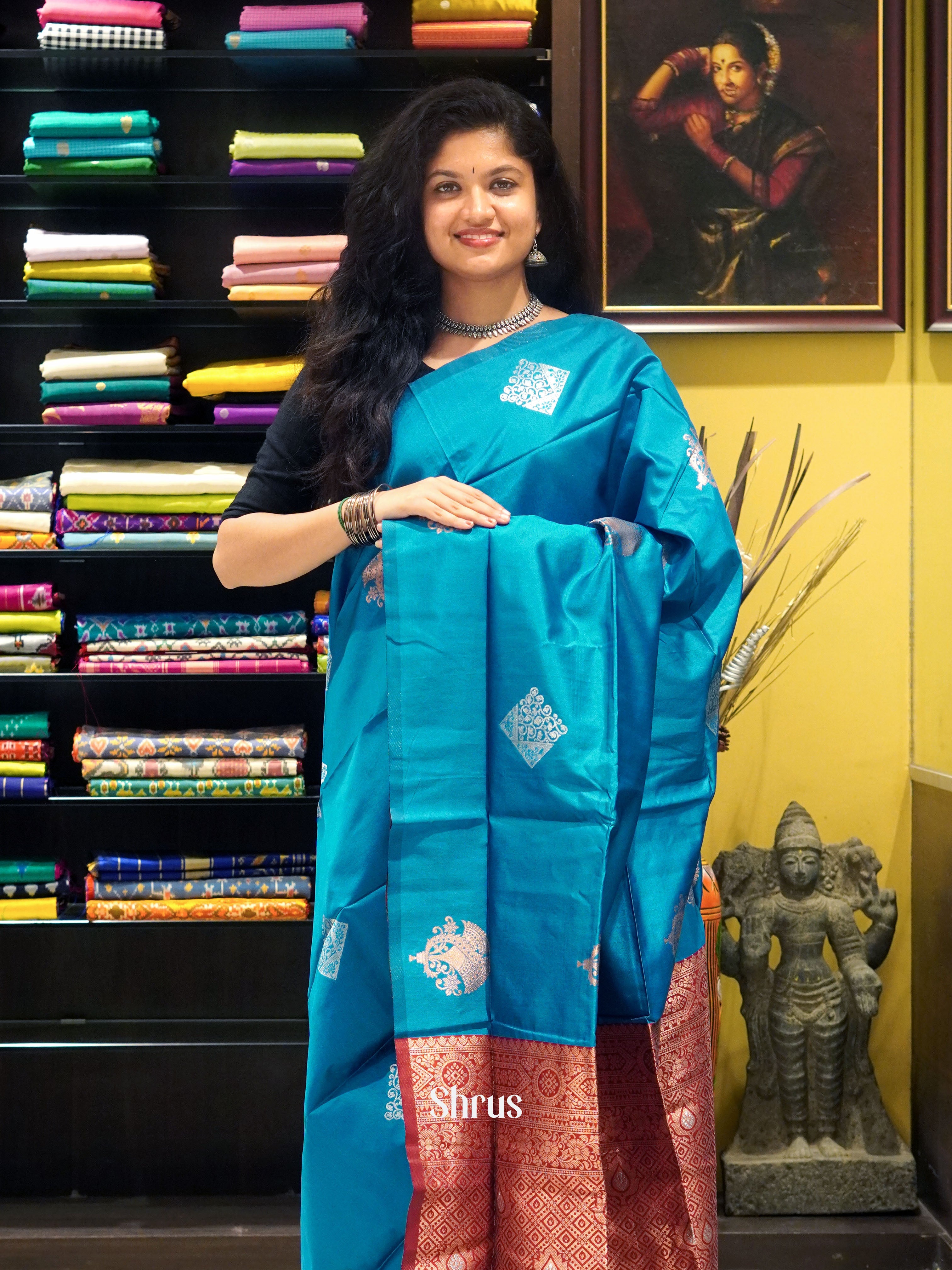 Blue And Red-semi soft silk saree