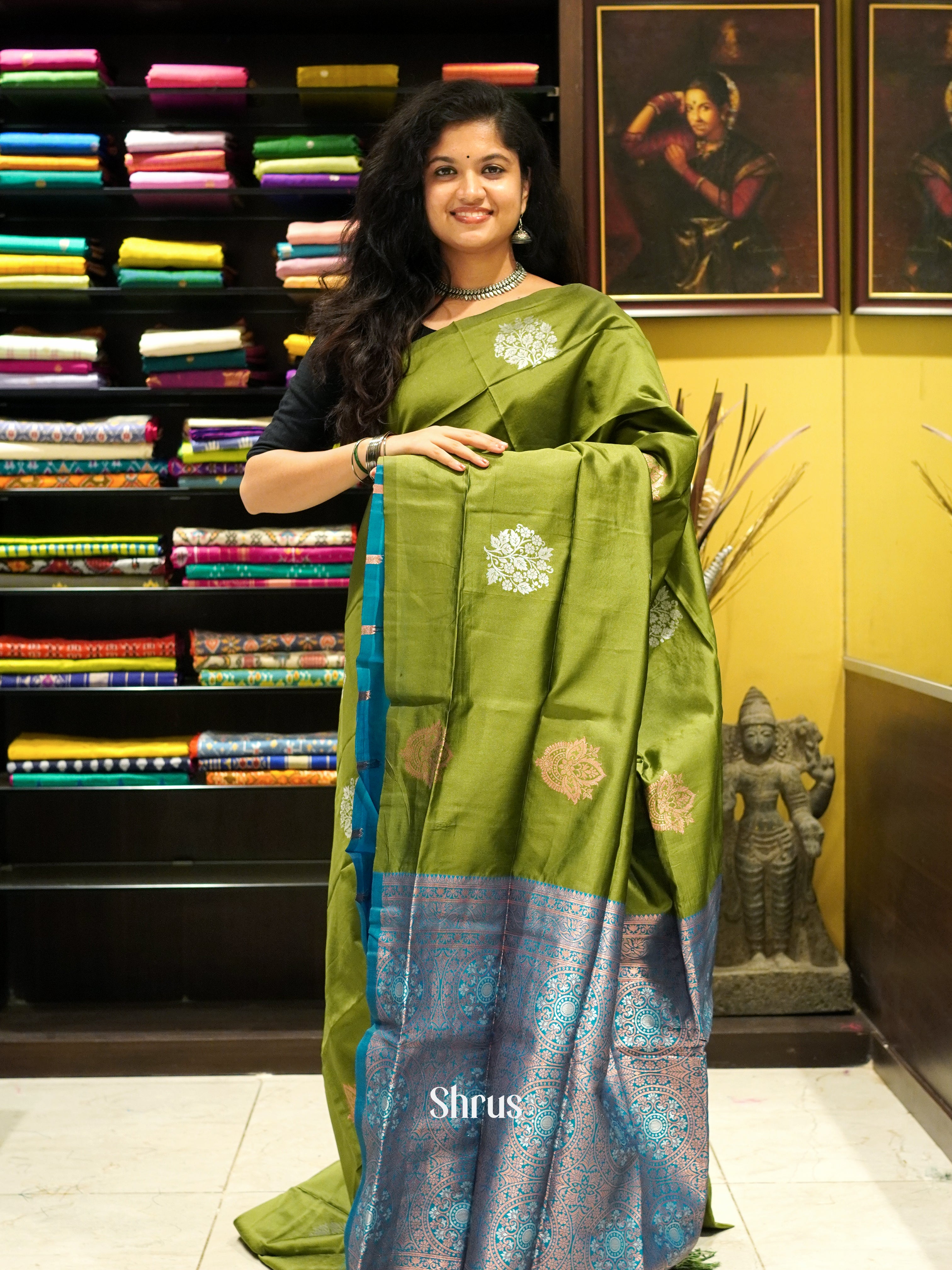 Green And Blue-Semi soft silk saree