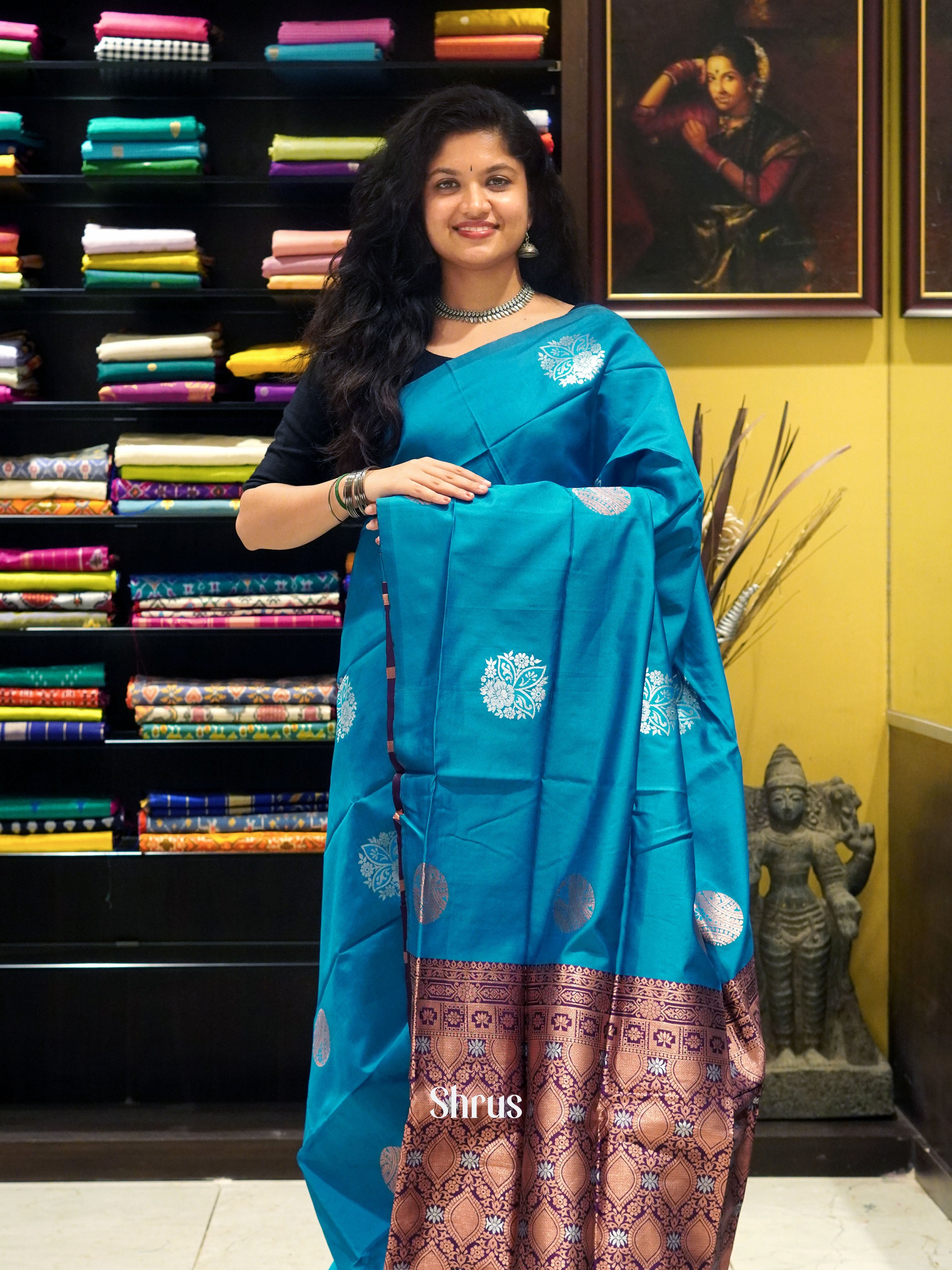 Blue And Wine-Semi soft silk saree