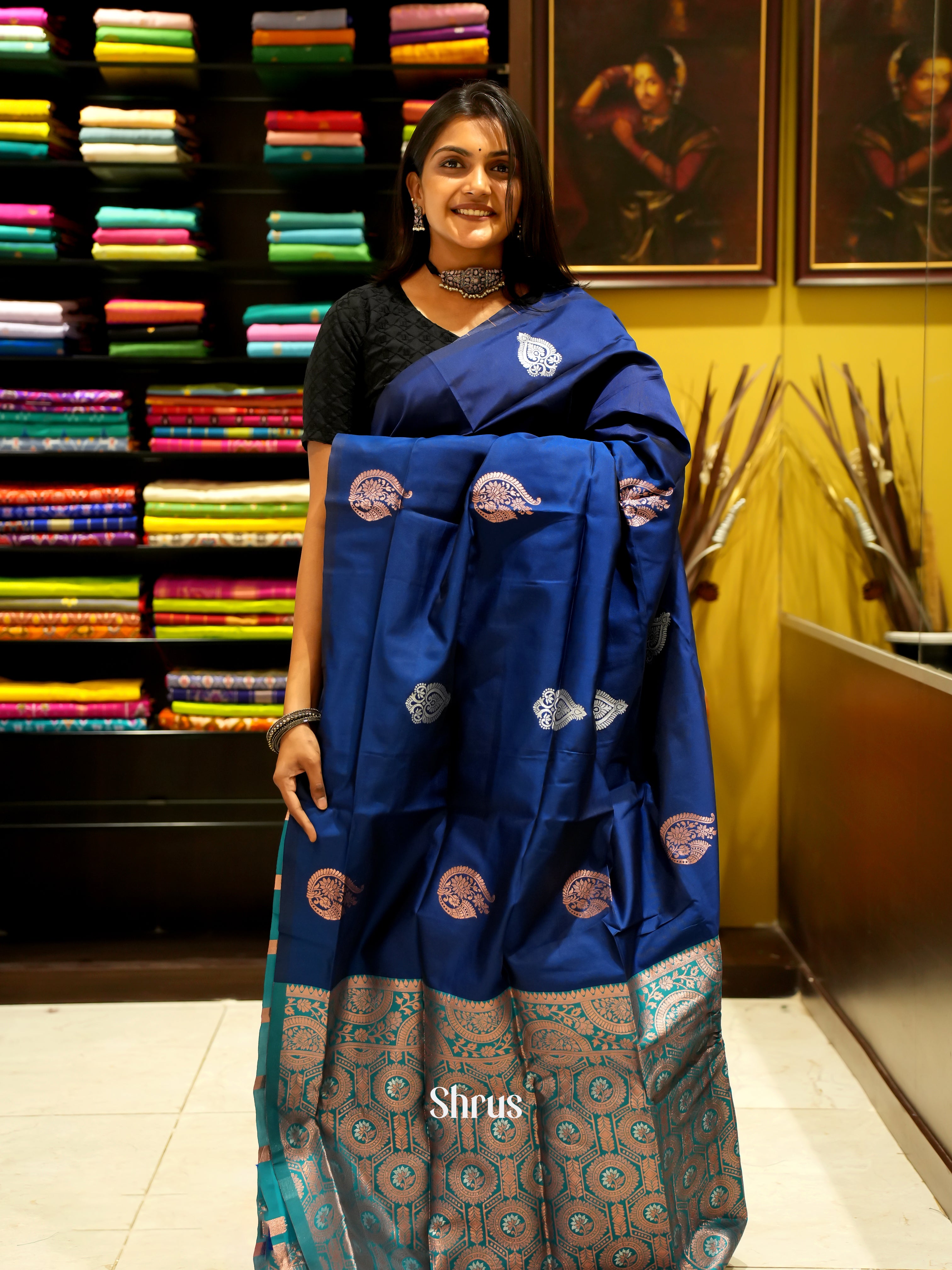 Blue And Peacock Green- Semi soft silk saree