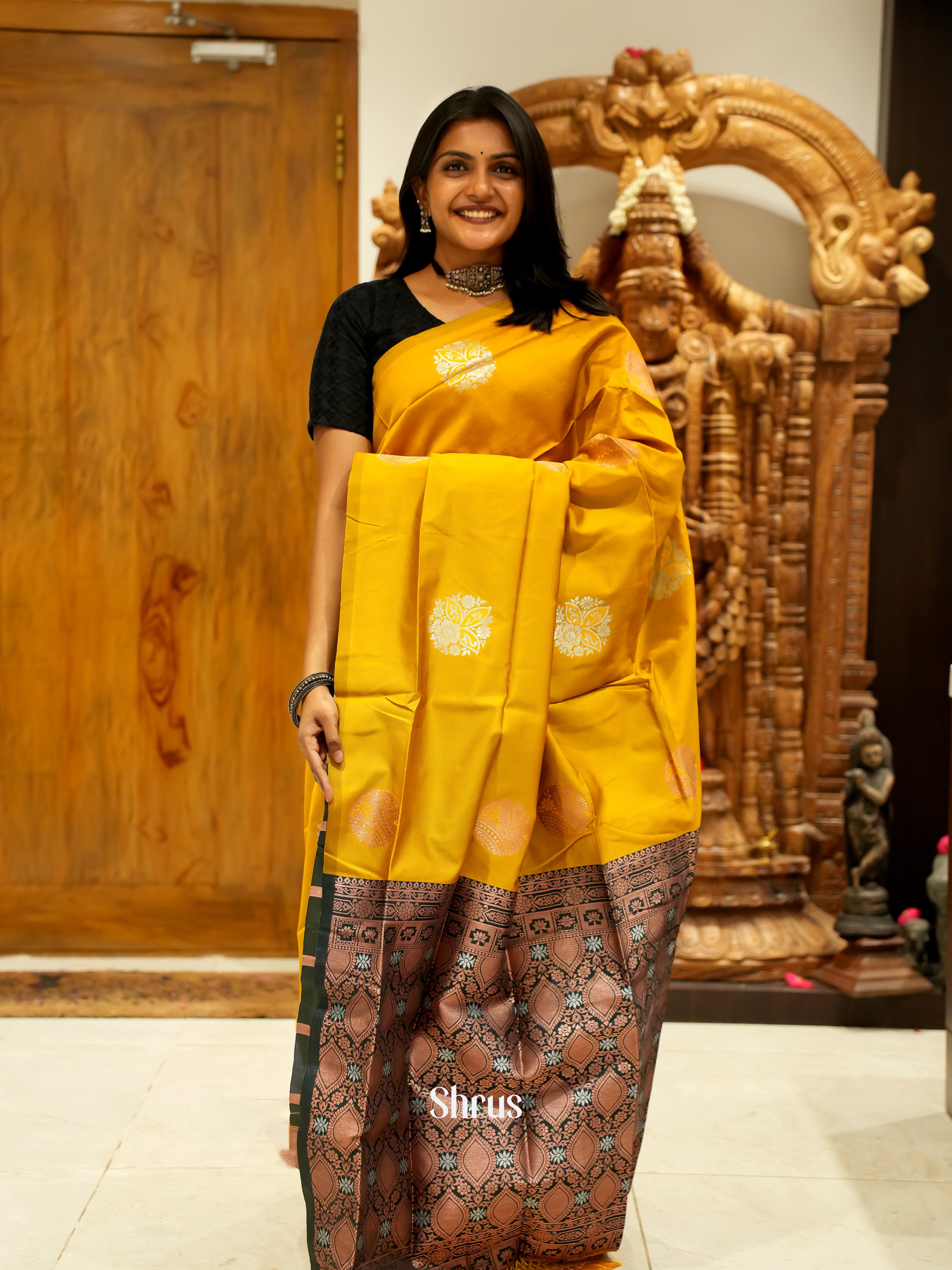 Mustard And Green-Semi soft silk saree