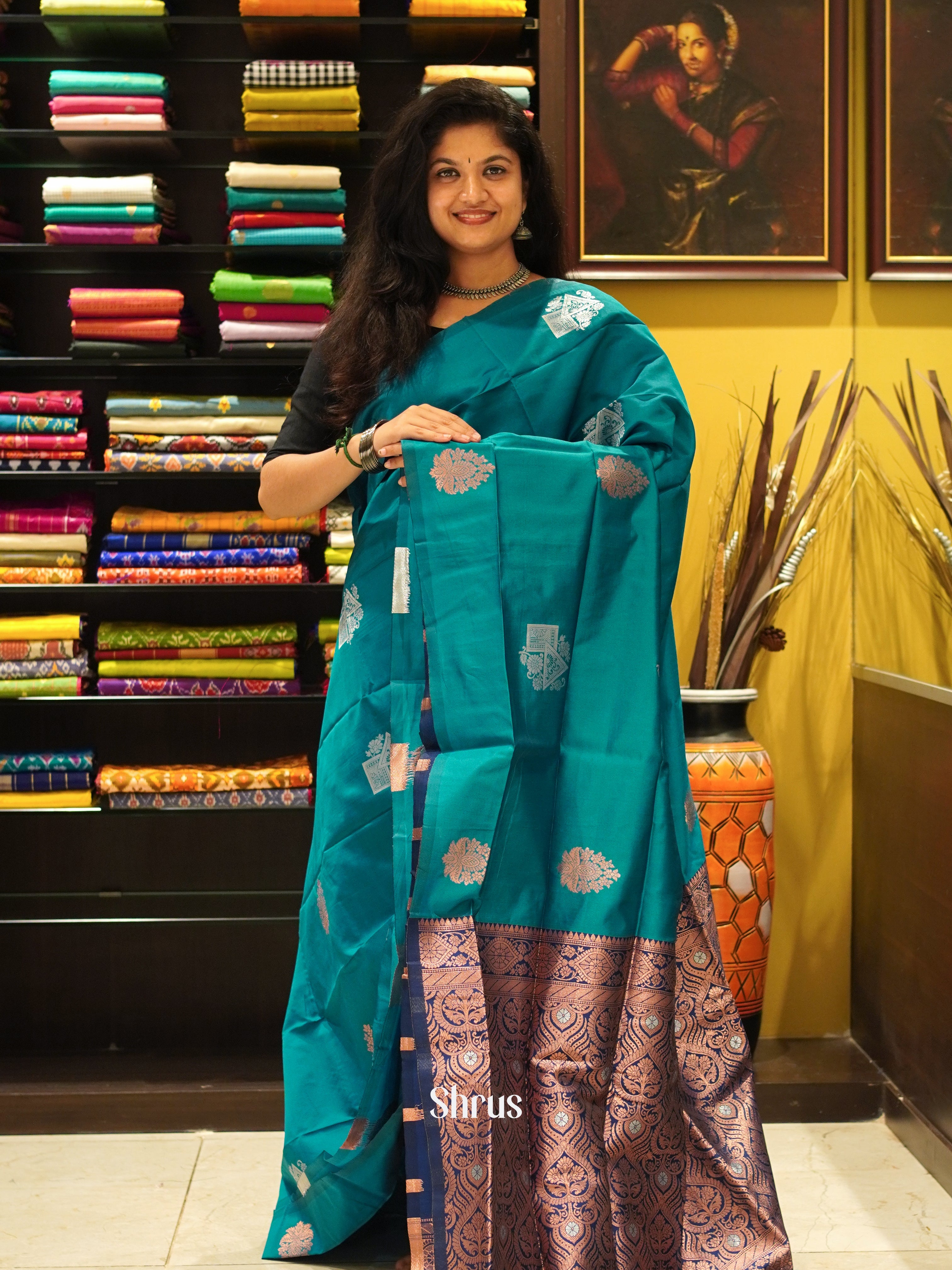 Green And Blue-Semi soft slk saree