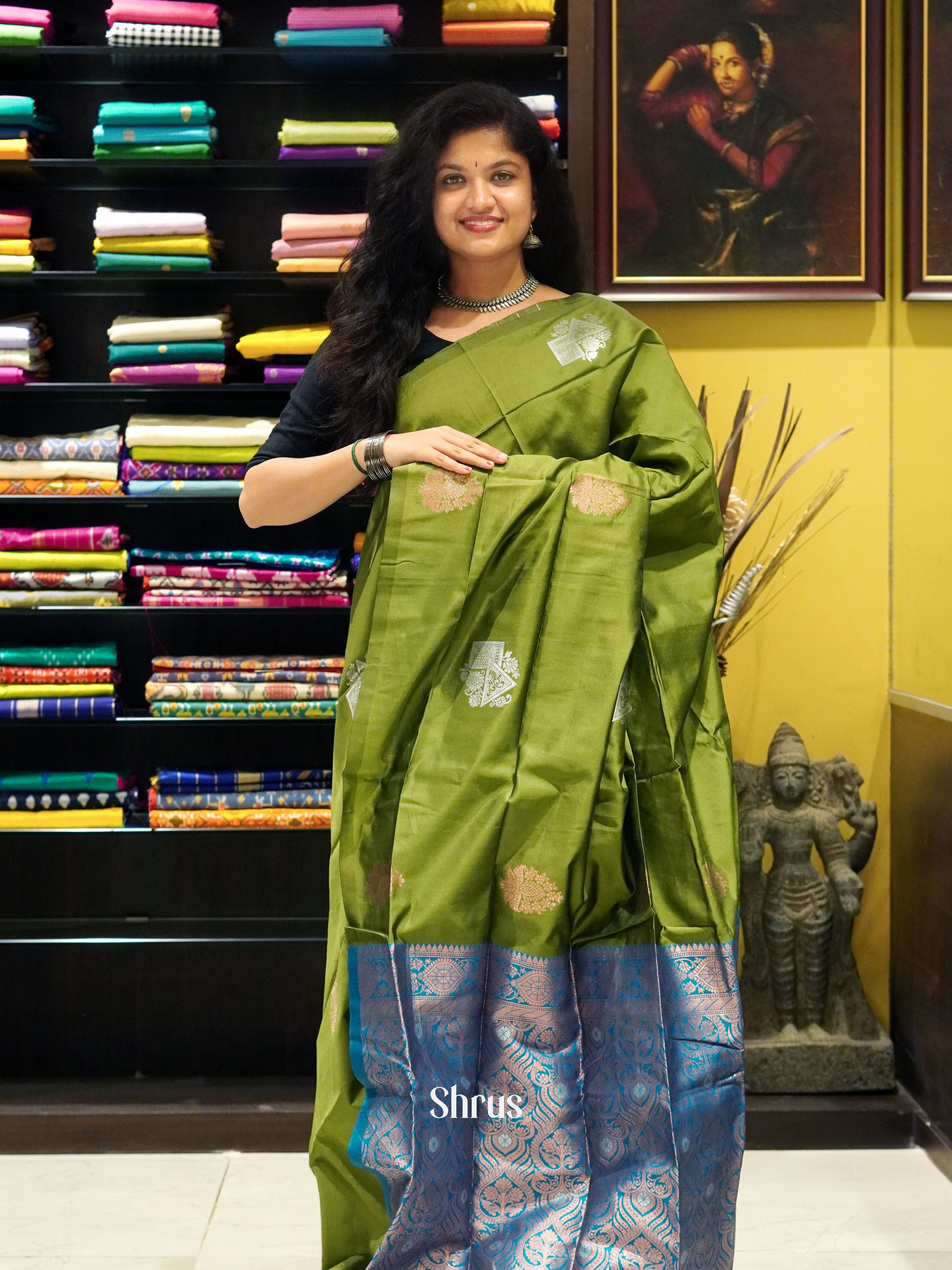 Green And Blue-Semi soft silk saree