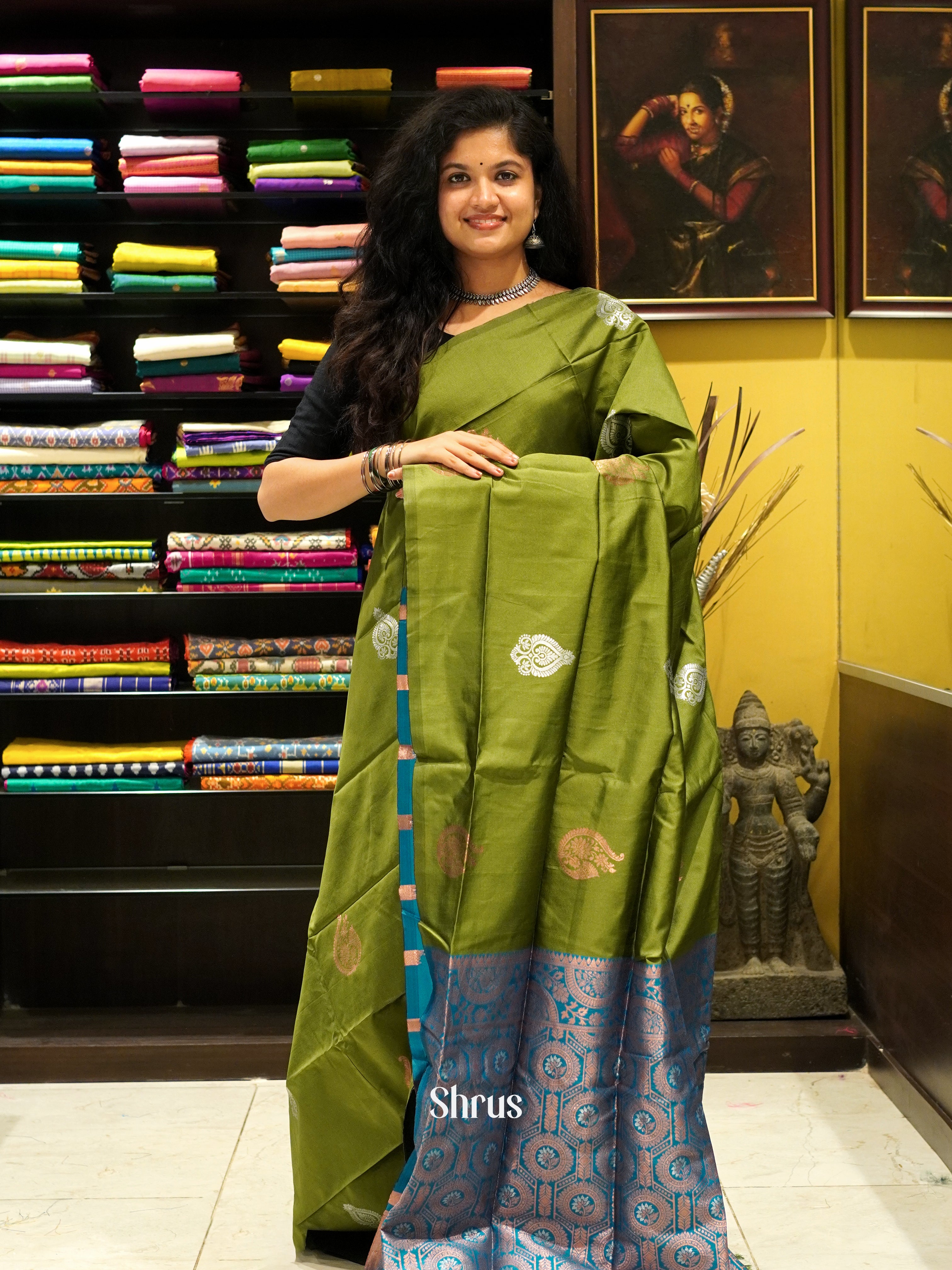 Blue And Peacock Green-Semi soft Silk saree