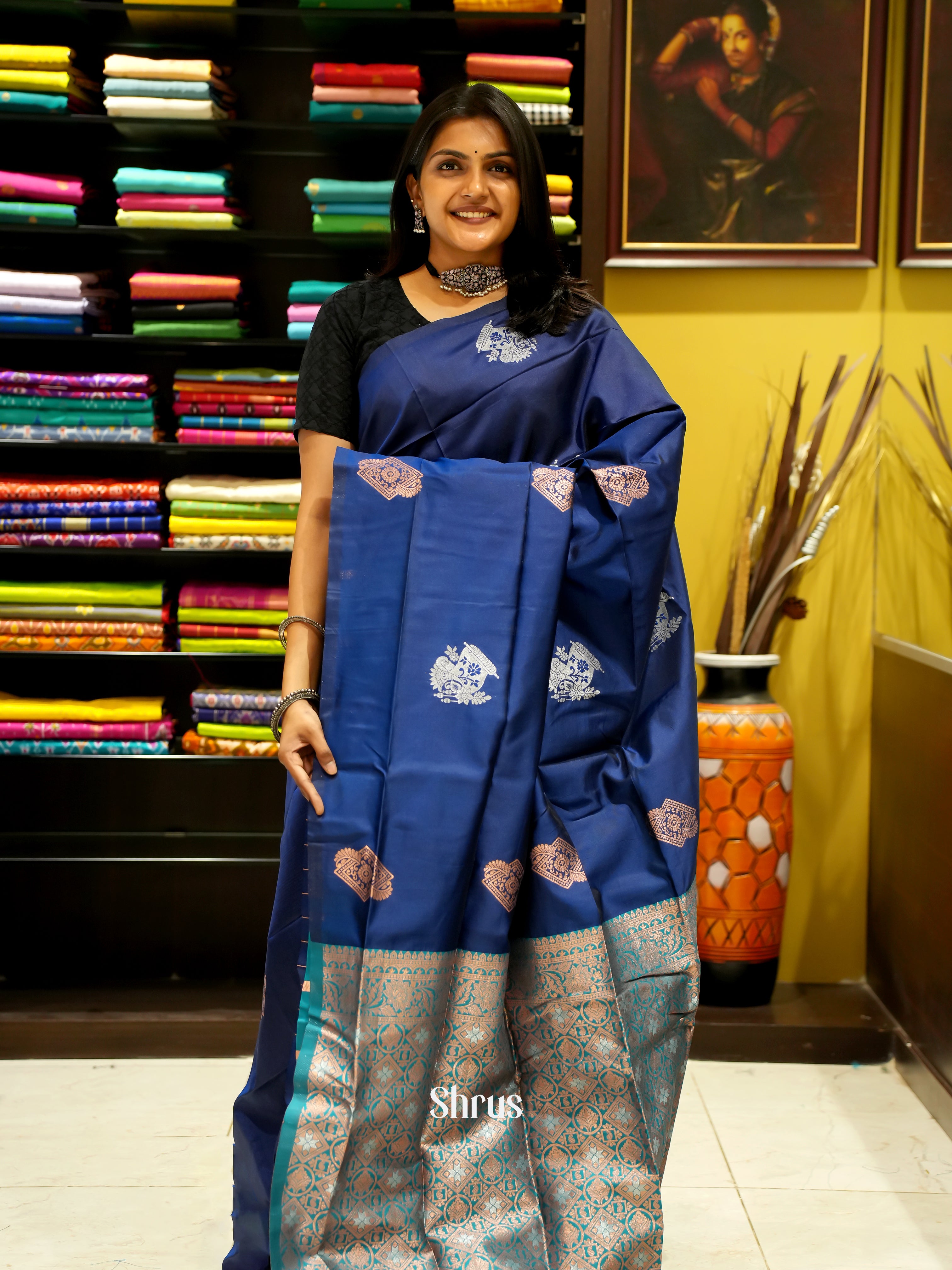 Blue And Peacock Green-Semi soft silk saree