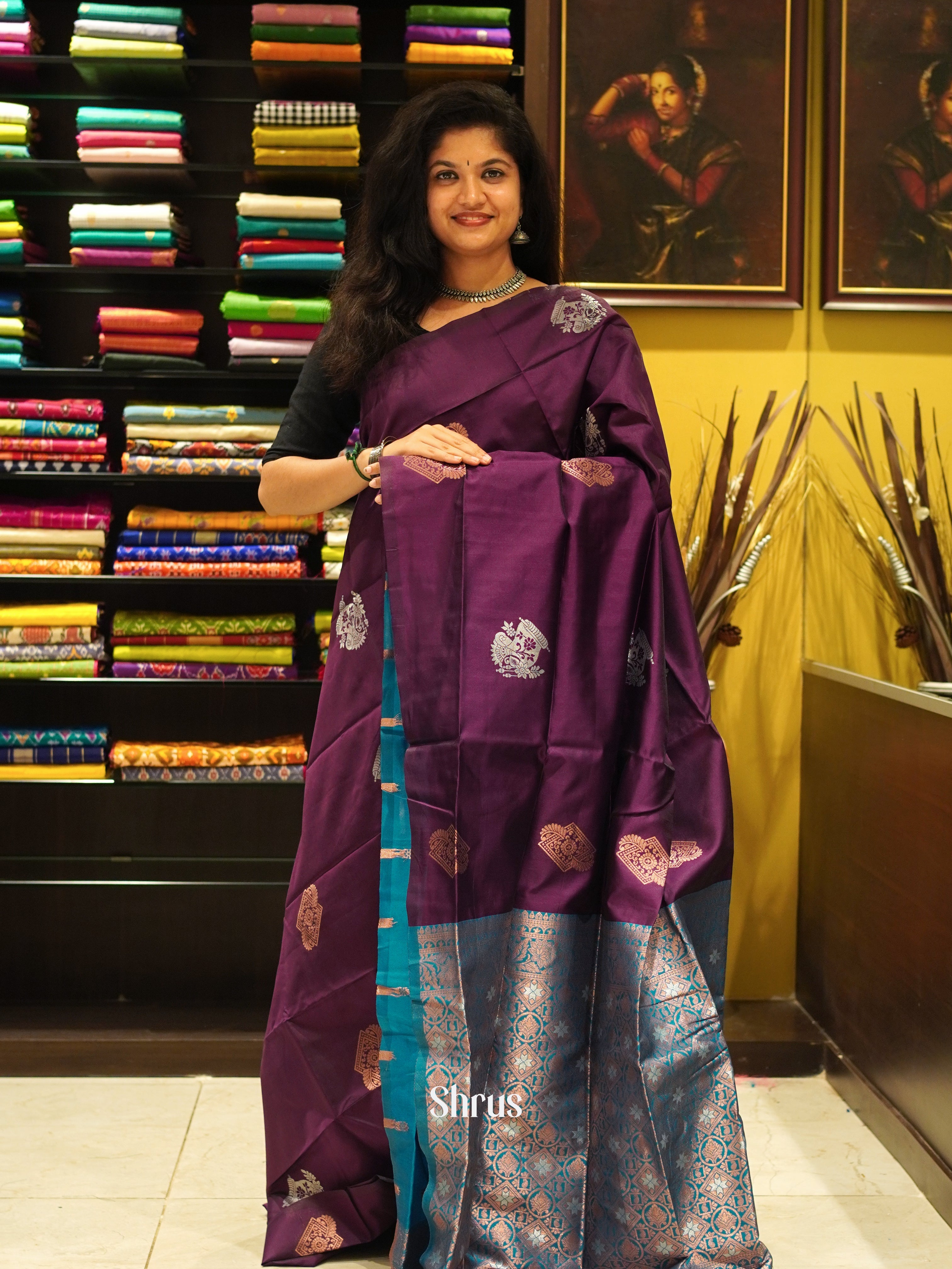 Wine And Blue-semi soft silk saree