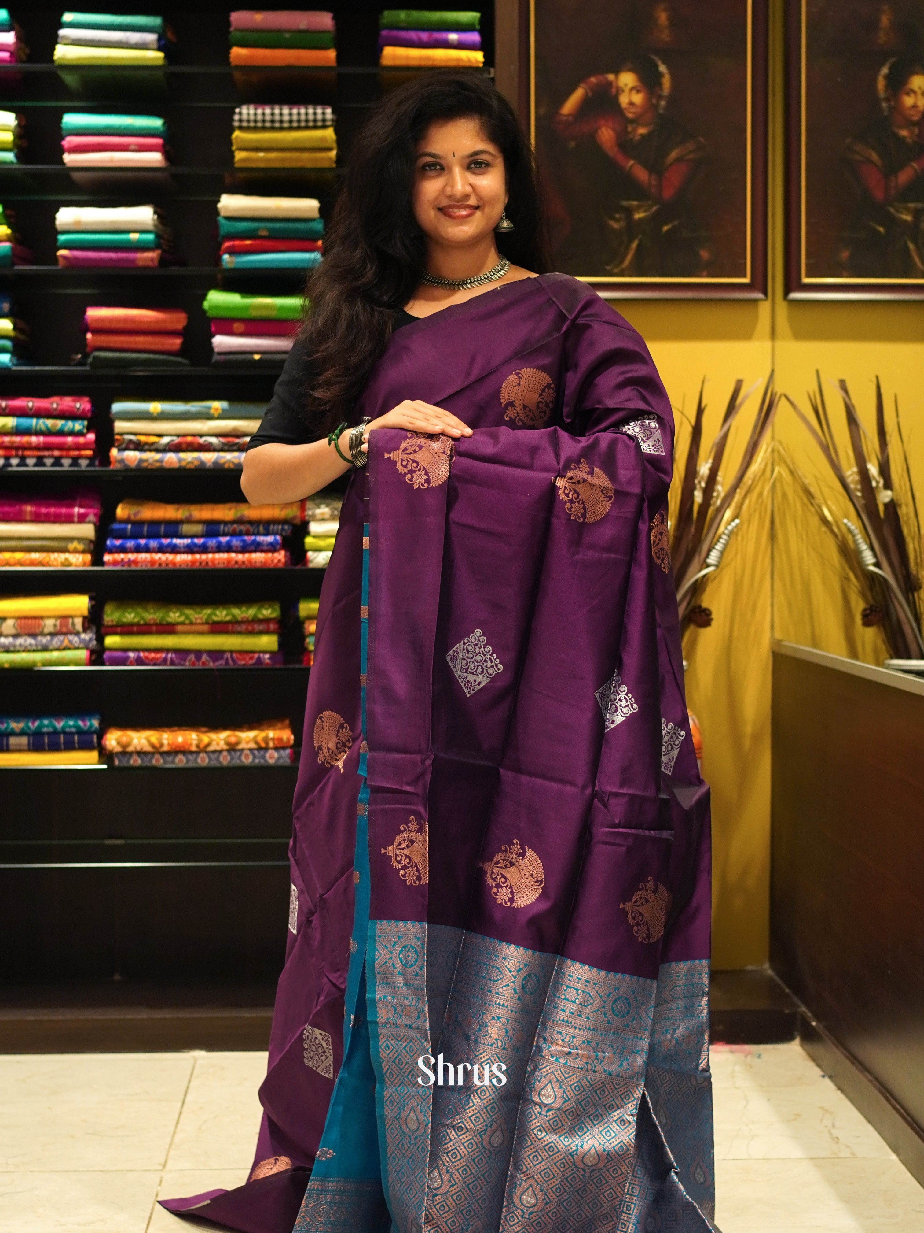 Wine And Blue- Semi soft silk Saree