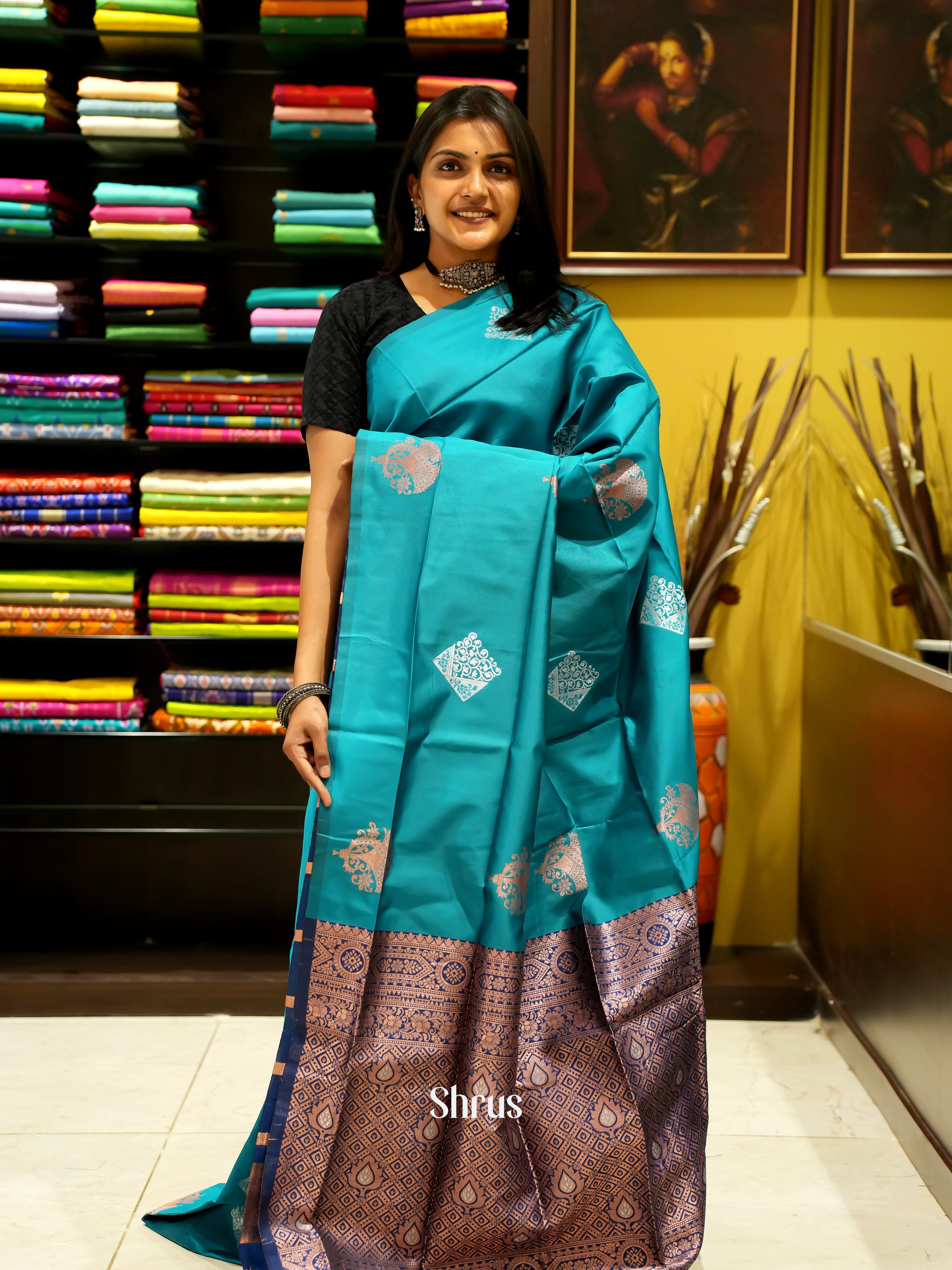 Peacock Green And Blue-Semi soft silk saree