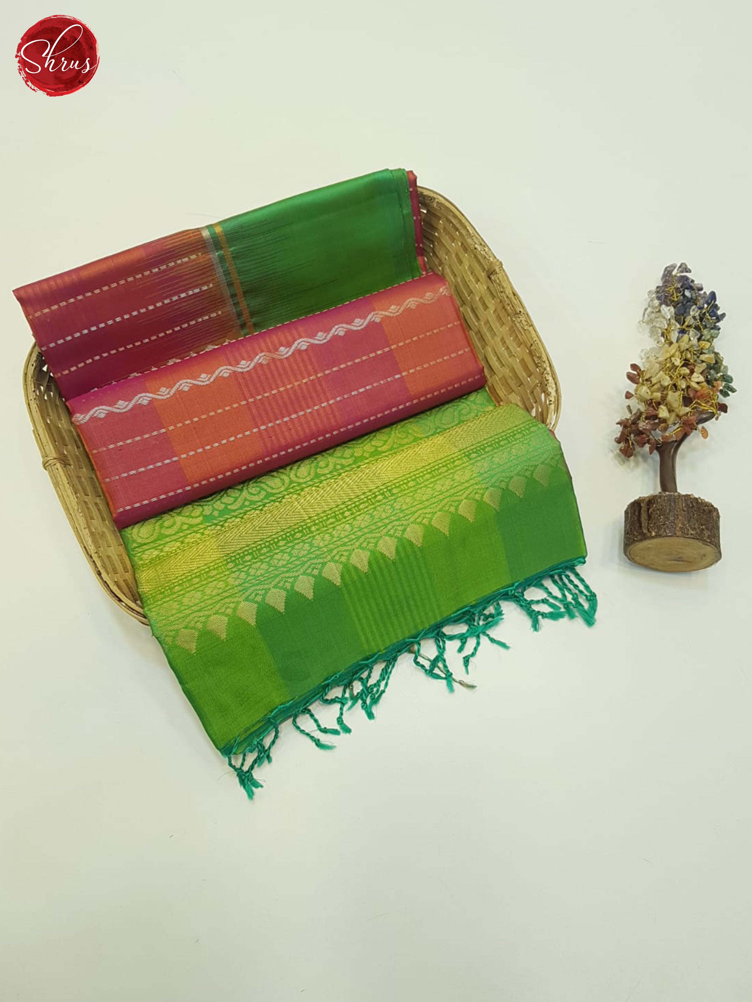 Orangish Pink & Green - Soft Silk Saree - Shop on ShrusEternity.com