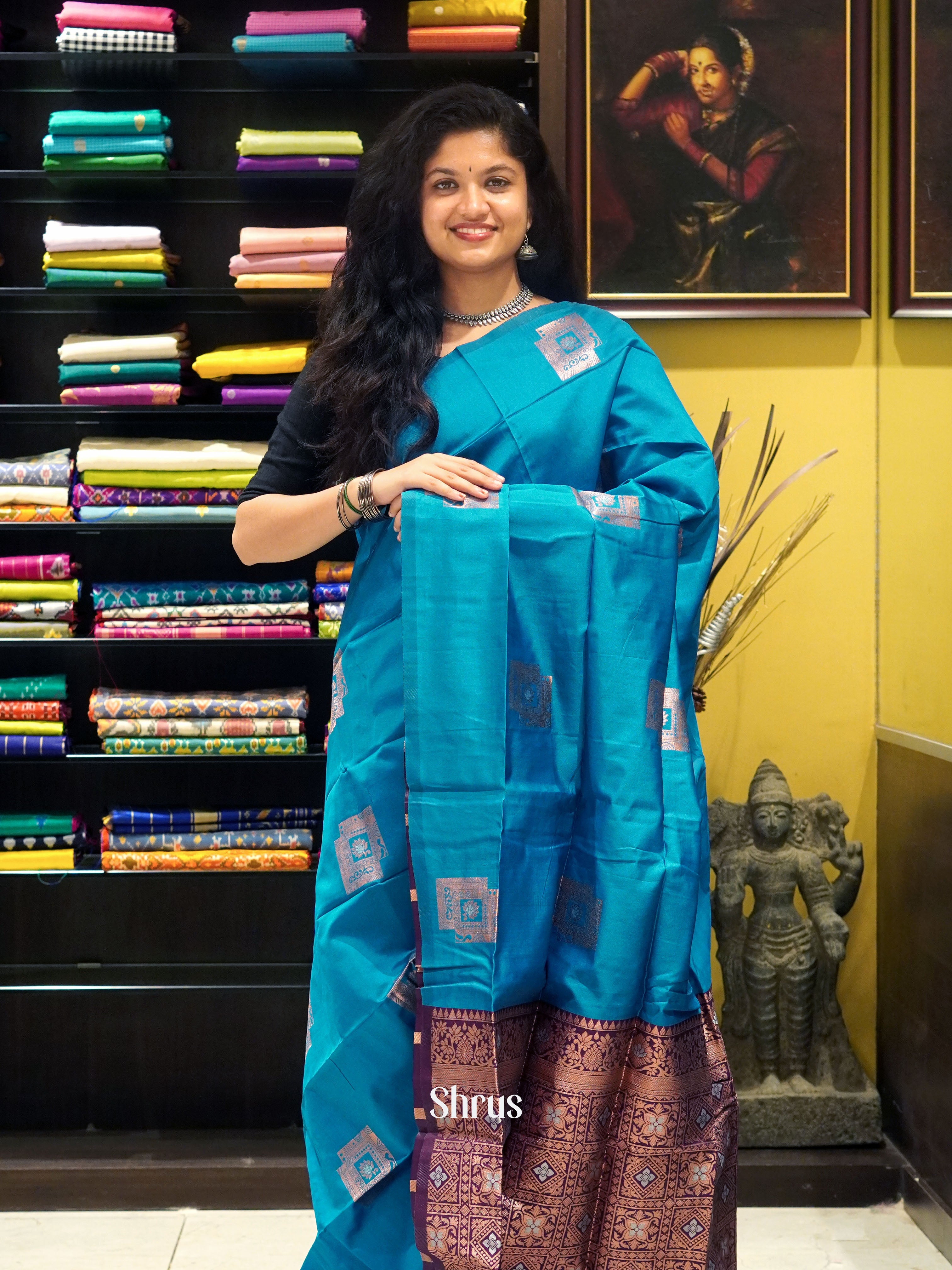 Blue And Wine- Semi soft silk saree