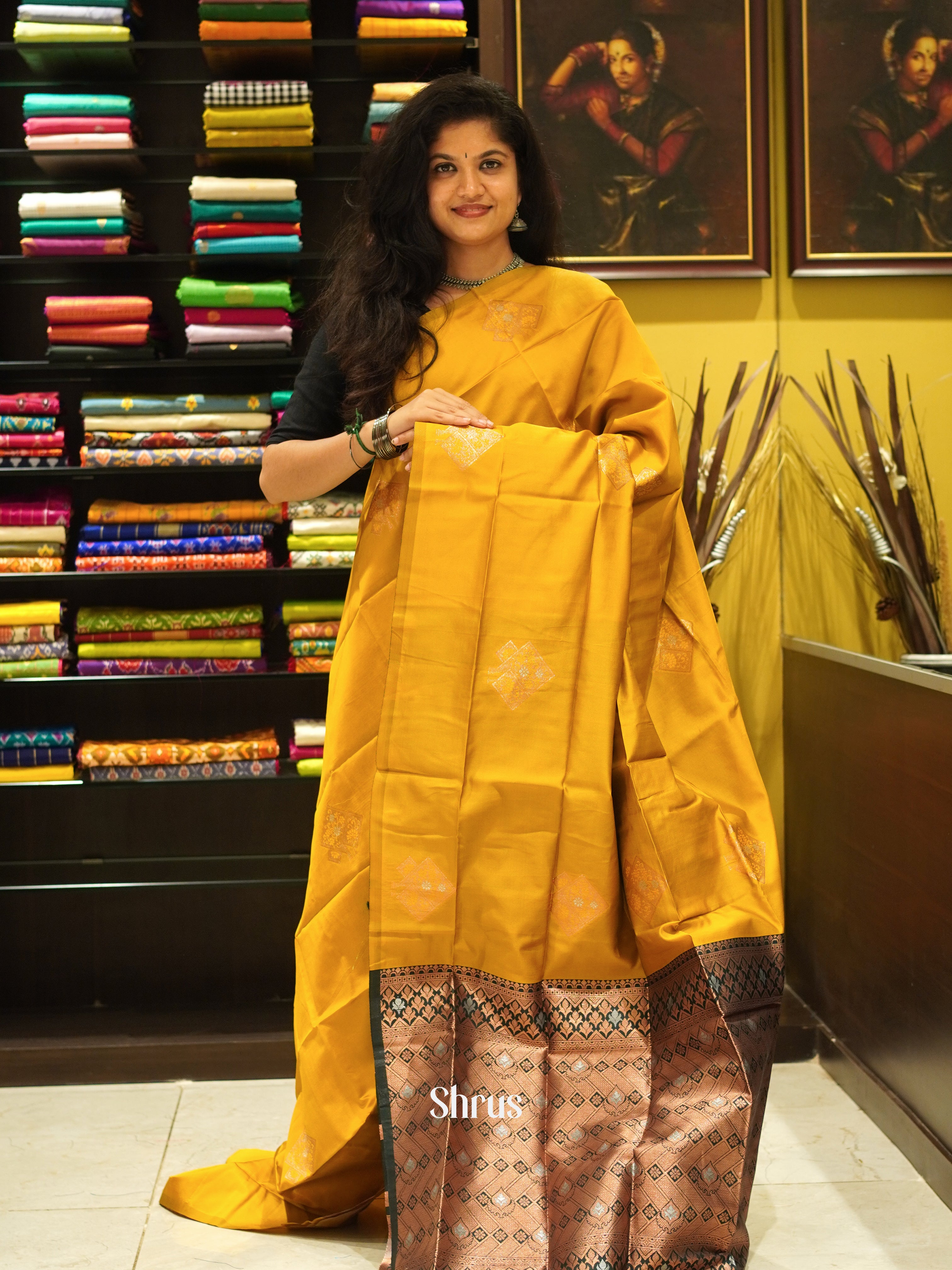 Mustard And Green-Semi soft silk saree