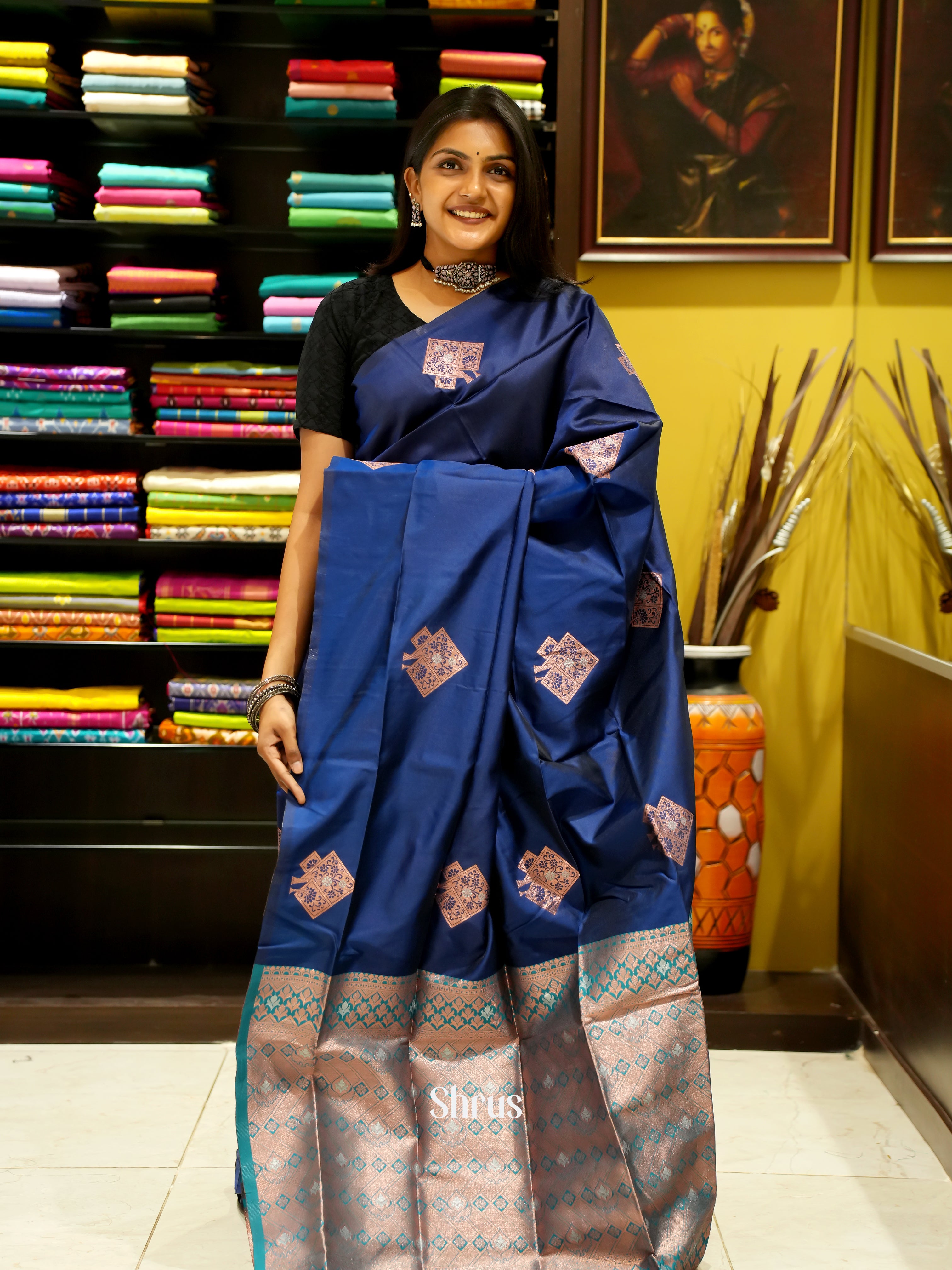 Blue And Peacock green- semi soft silk saree