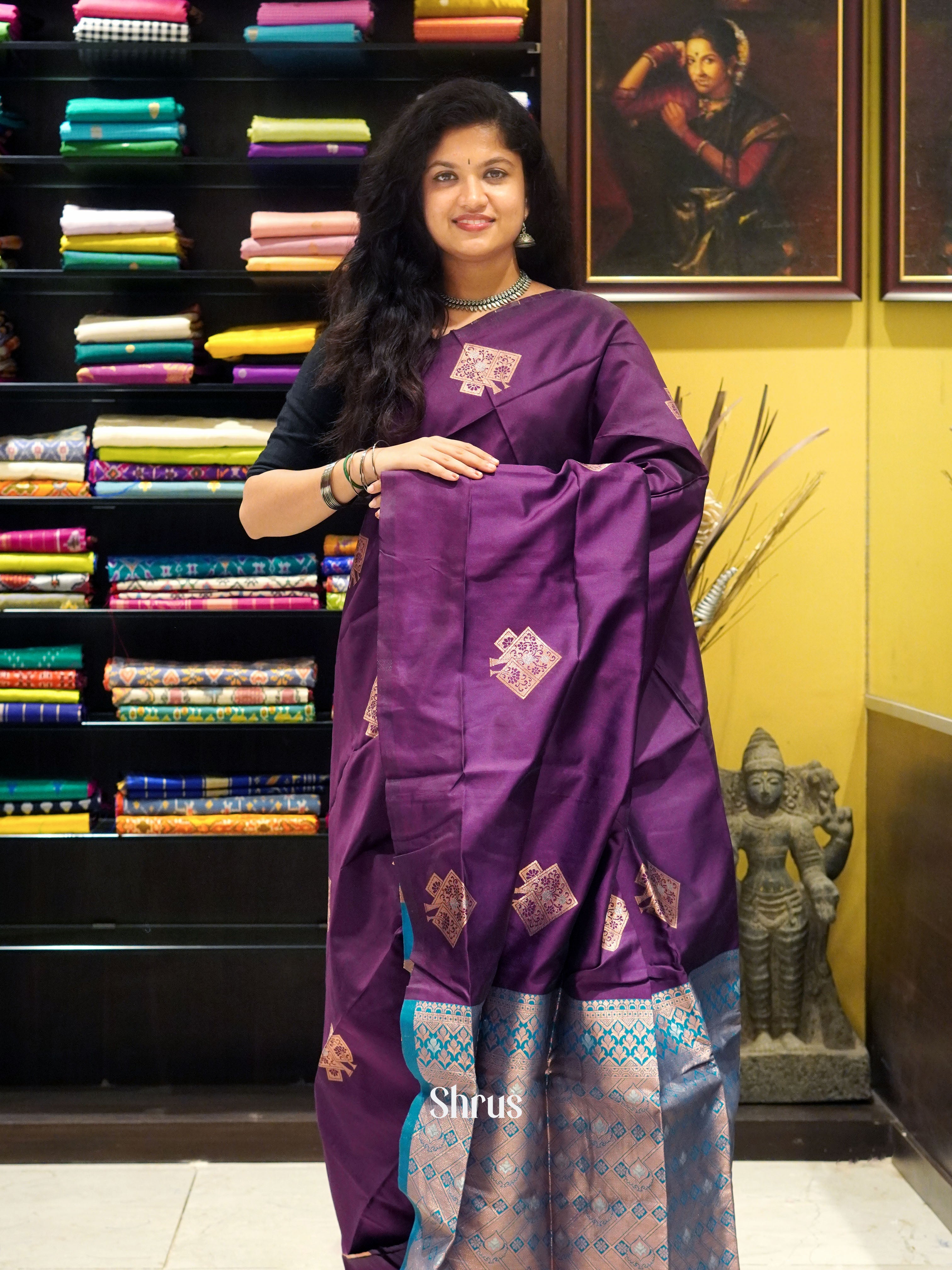 Wine And Blue-Semi soft silk saree