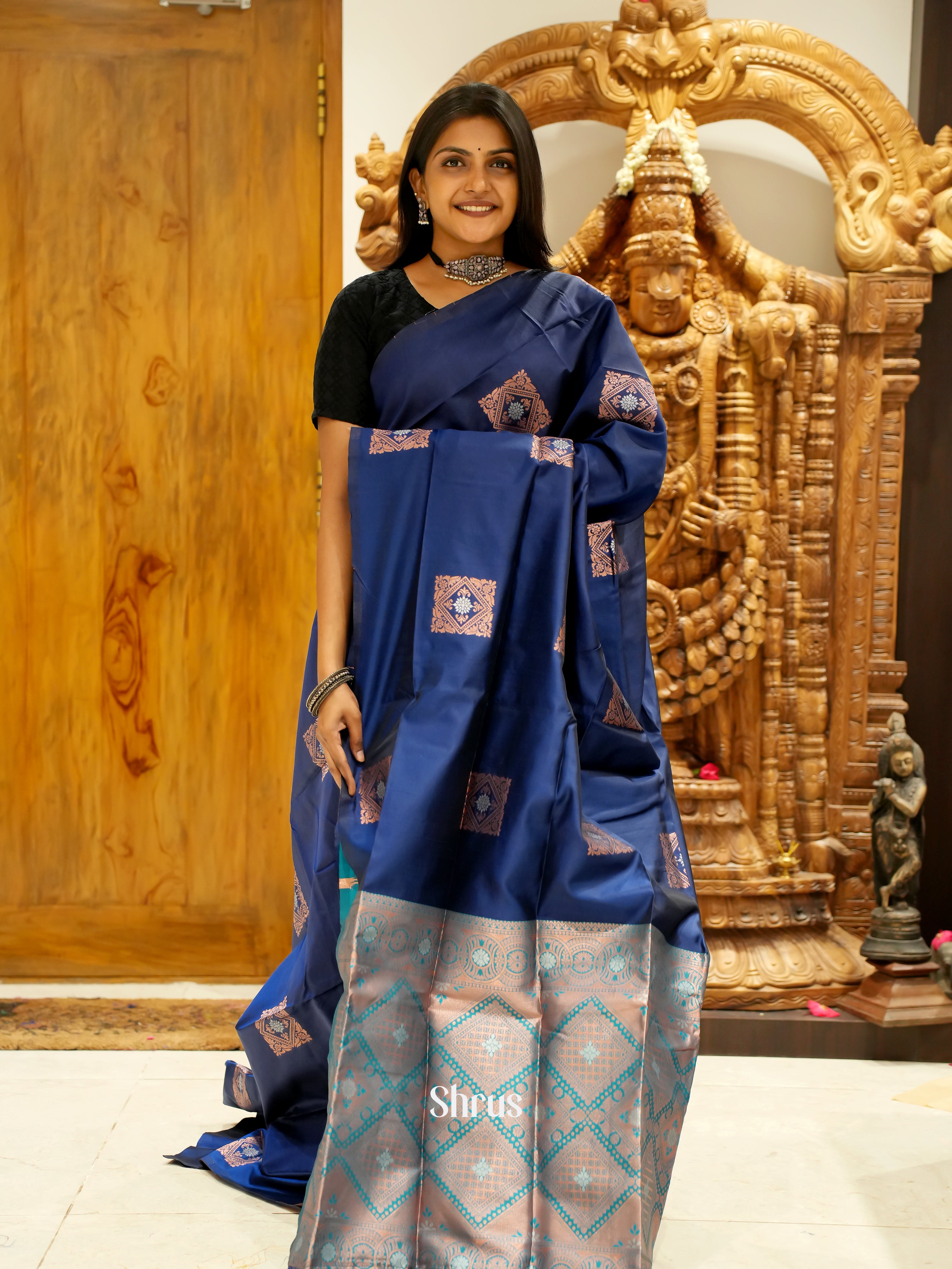 Blue And Peacock Green- Semi soft silk saree