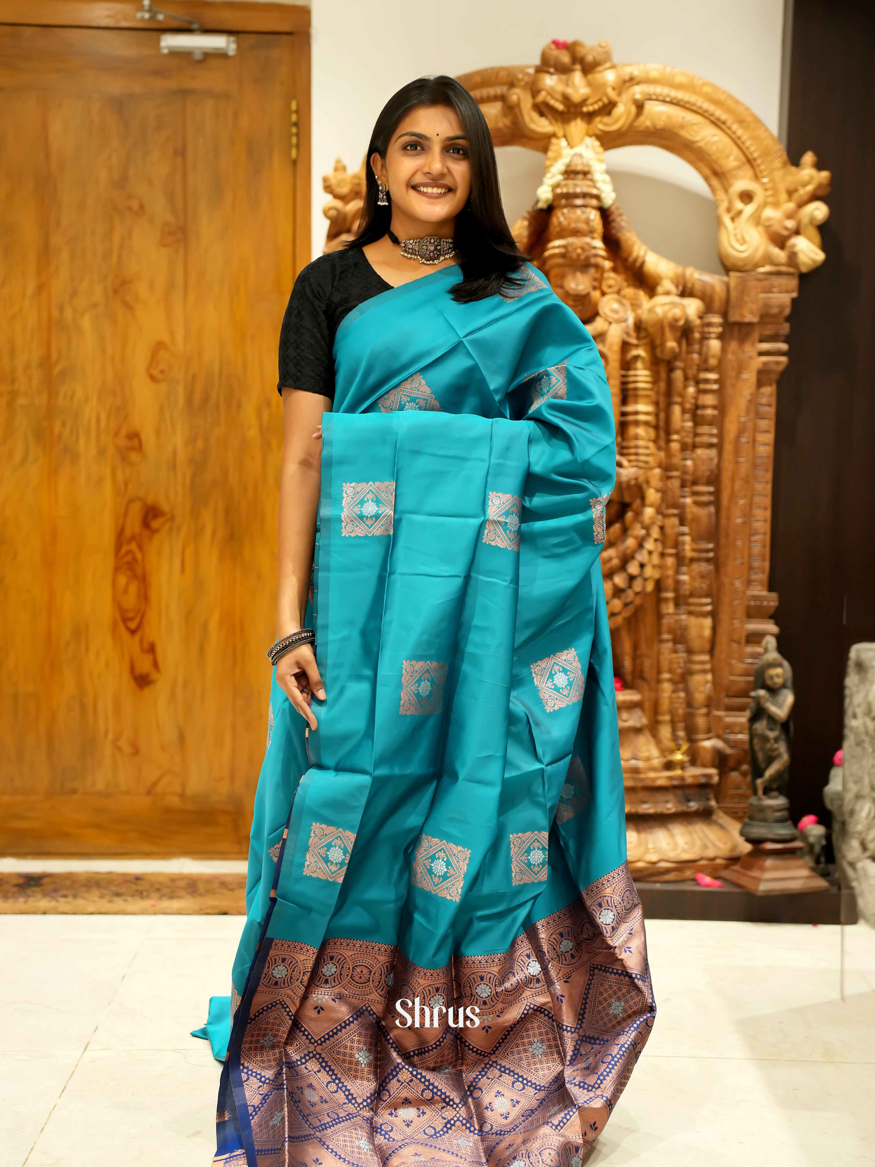 Peacock Green And Blue- Semi soft silk saree