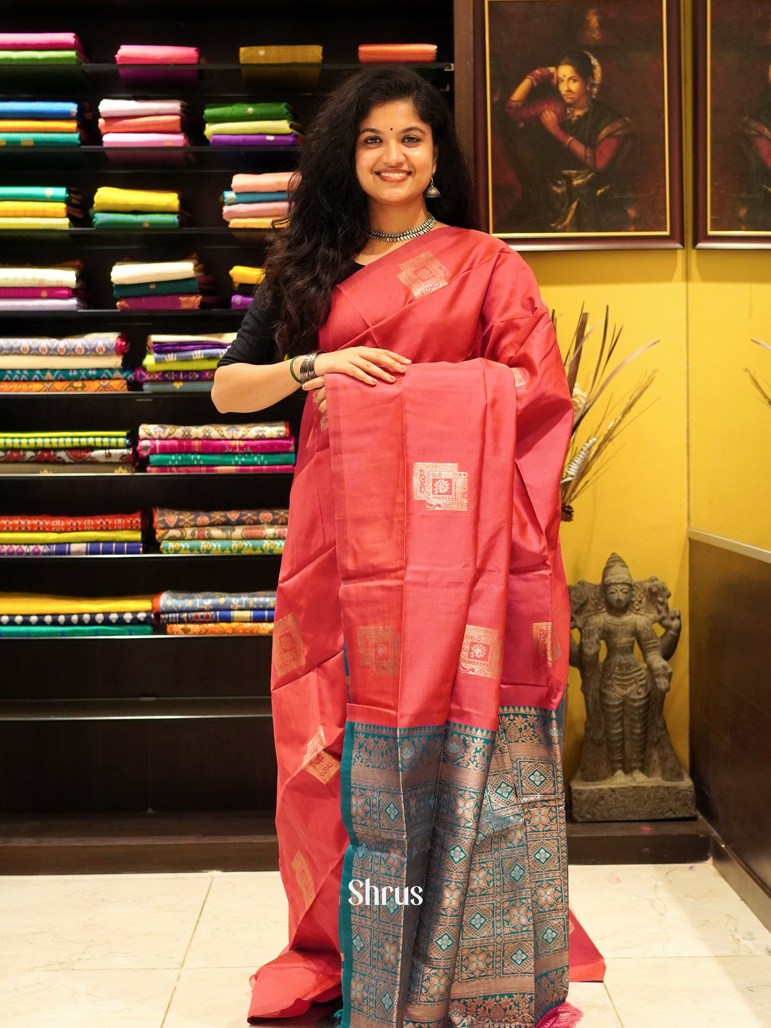 Pink And Peacock Green-Semi soft silk saree