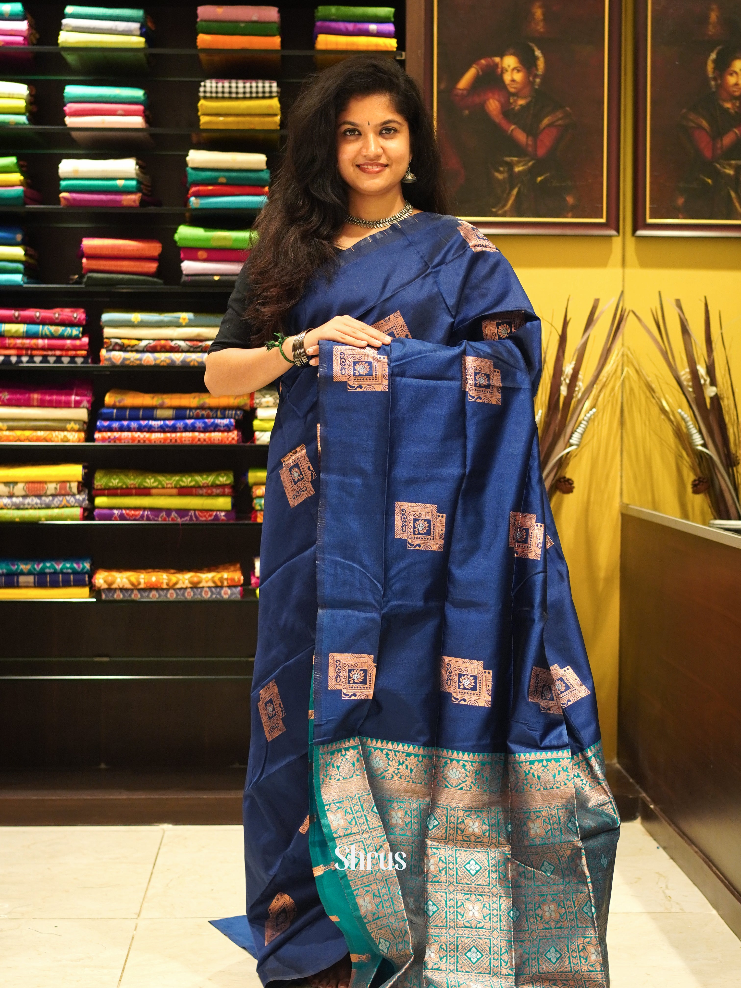 Blue and peacock blue-Semi soft silk saree