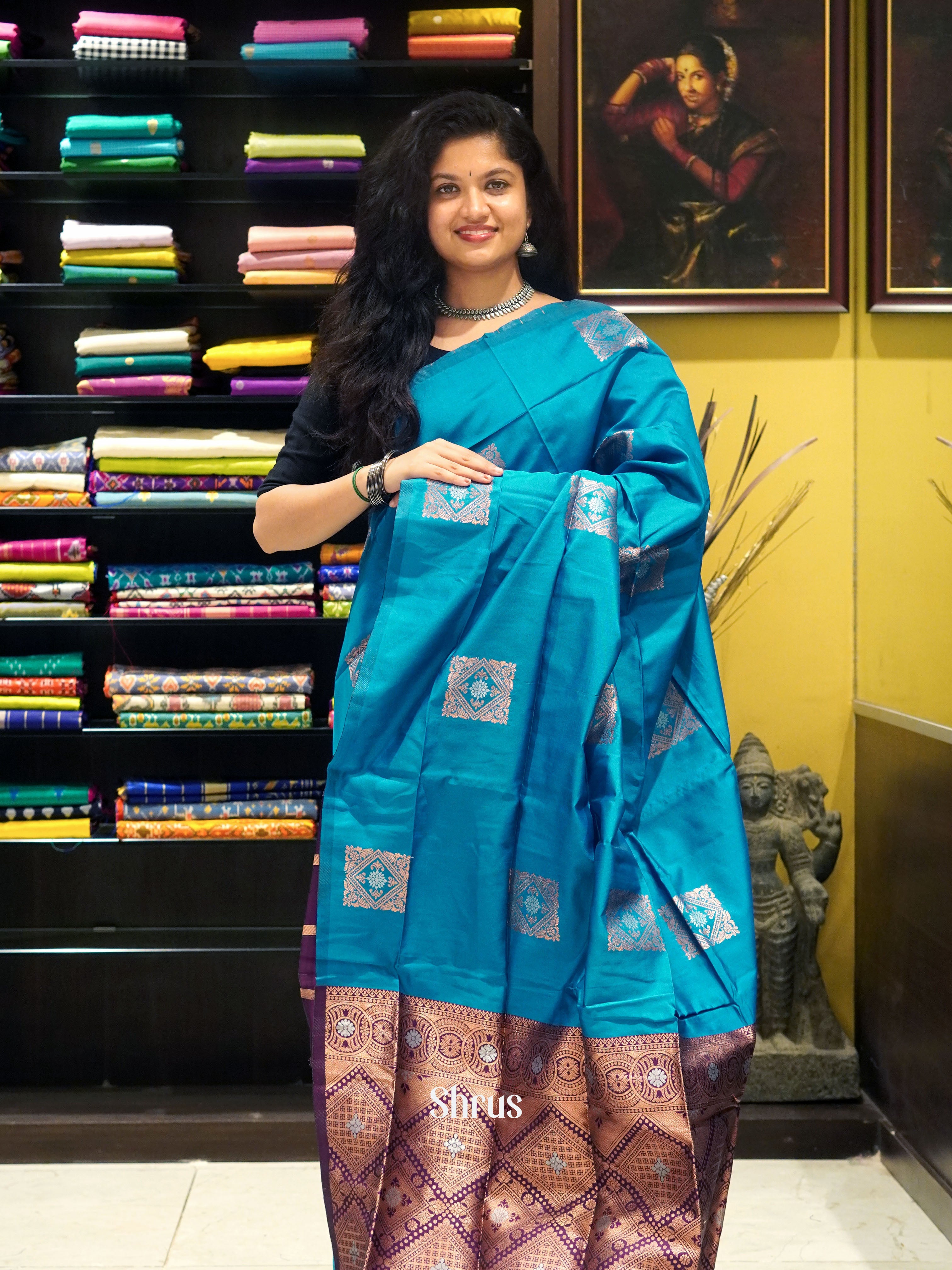 Blue And Wine-Semi soft silk saree