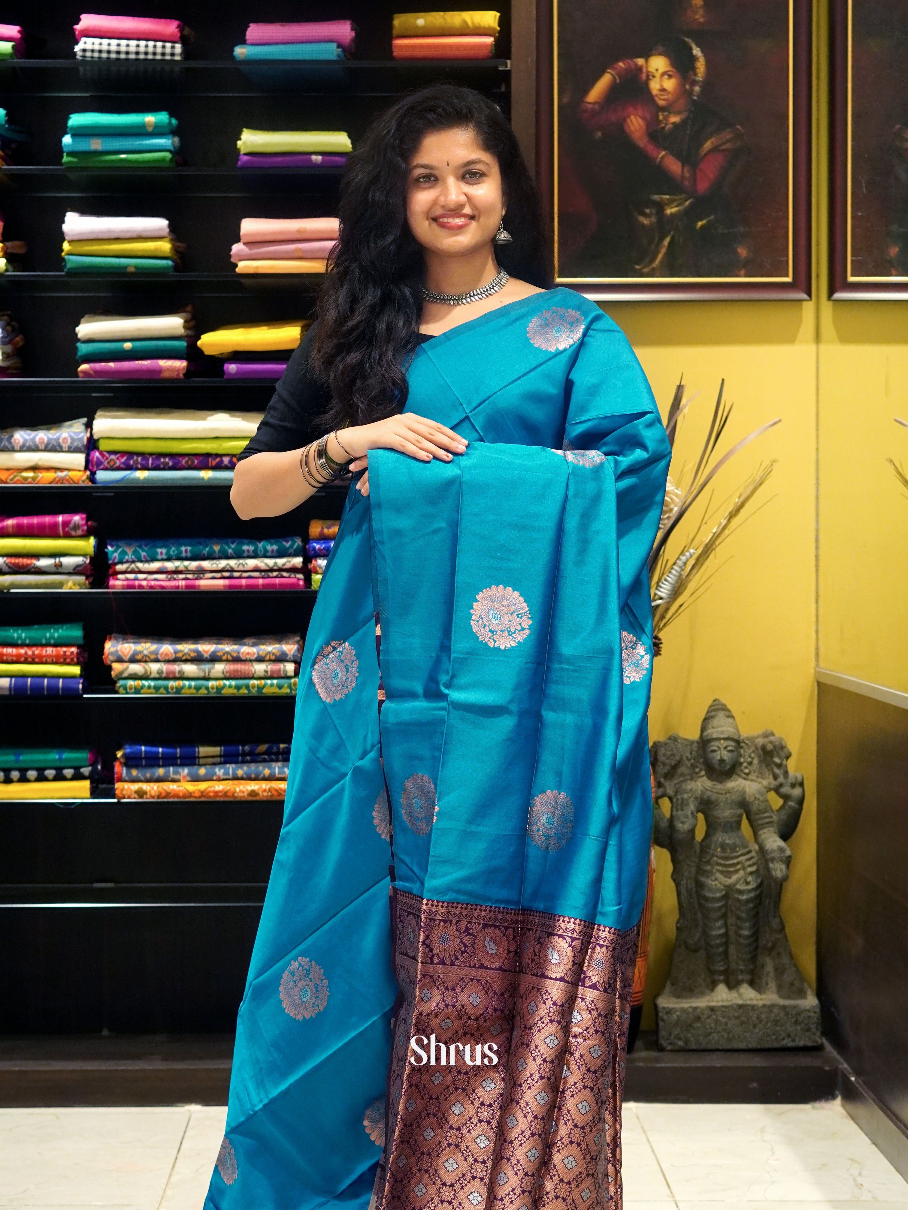 Blue And Wine-Semi soft silk saree