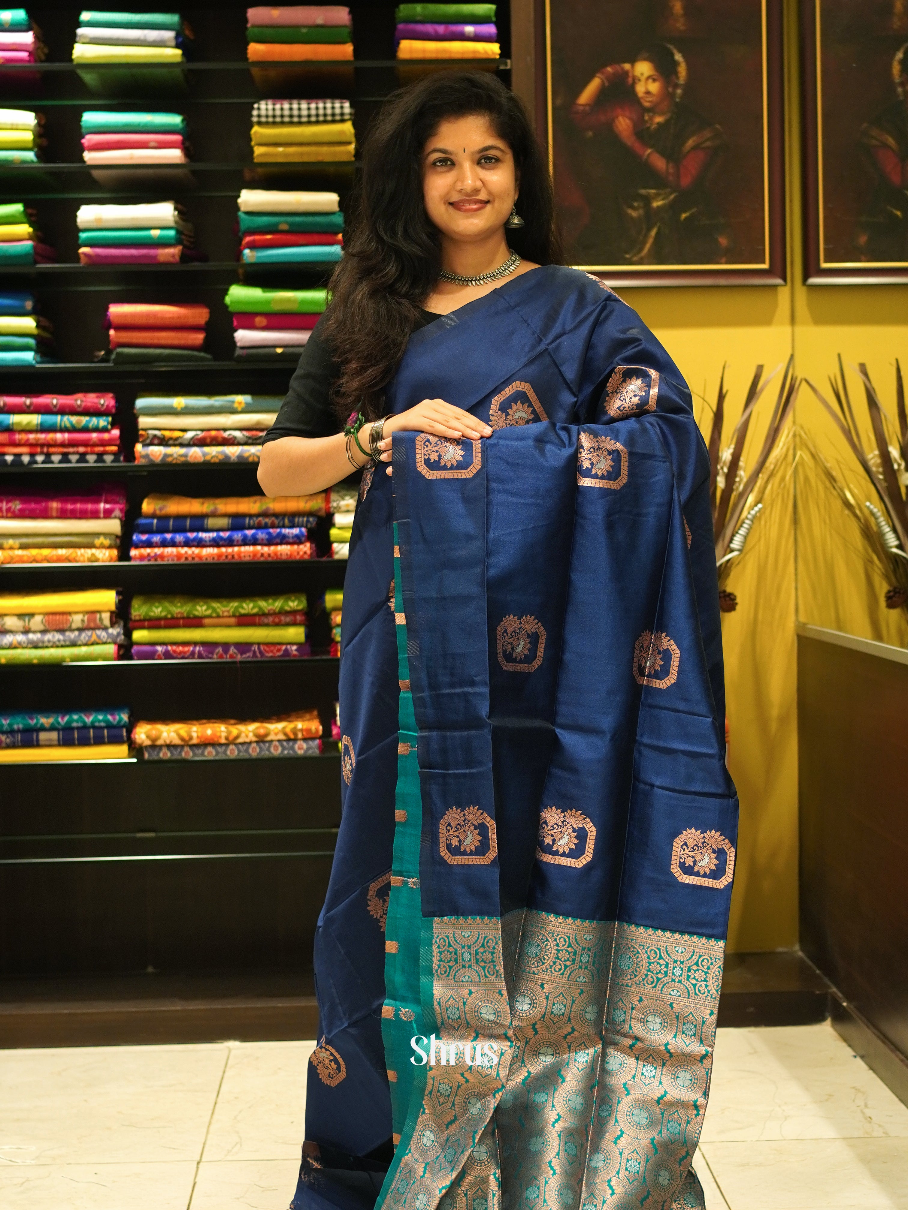 Blue And Peacock Green-semi soft silk saree