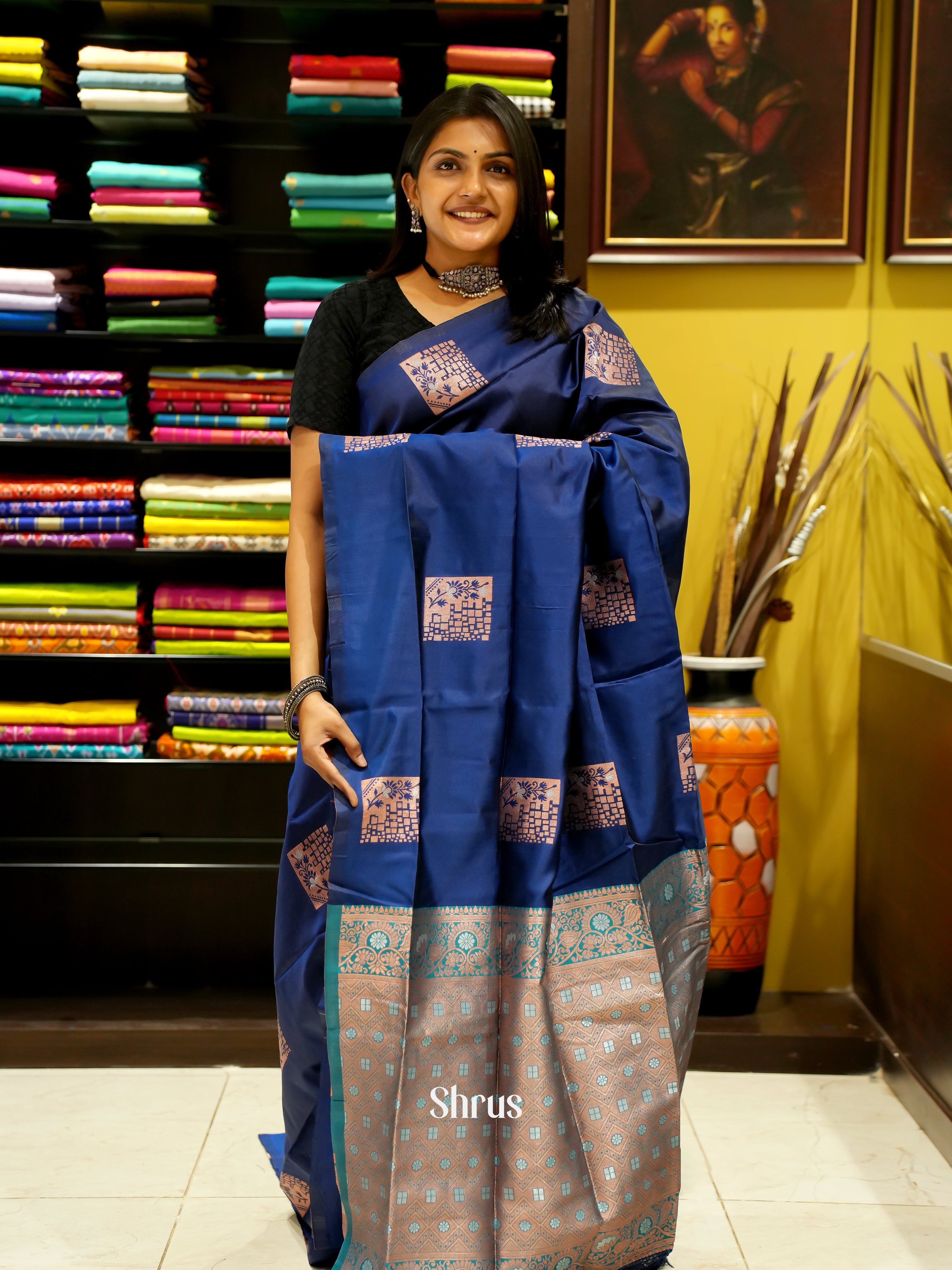 Blue And Peacock Green-Semi Soft silk saree