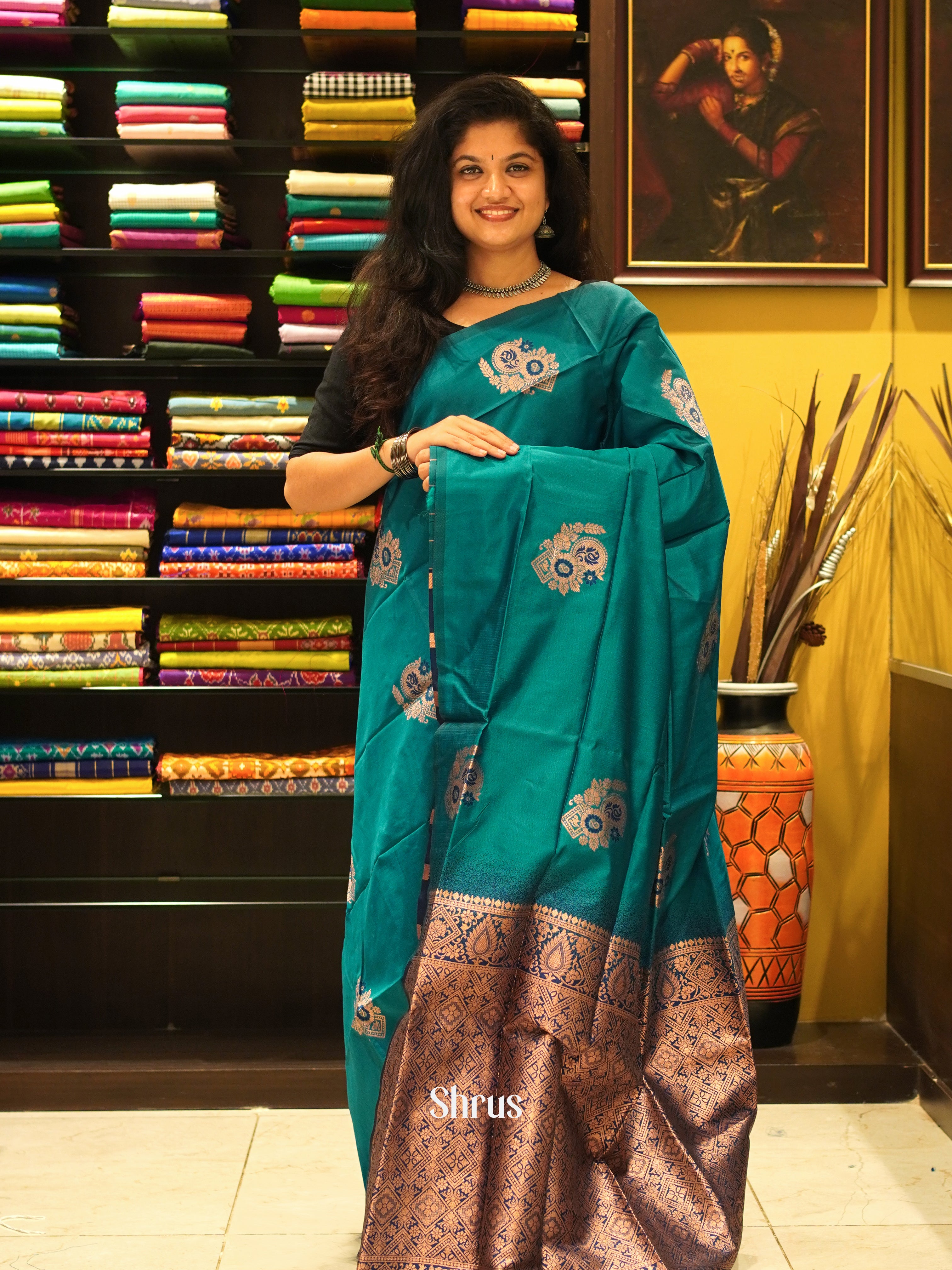 Green And Blue-Semi soft silk saree