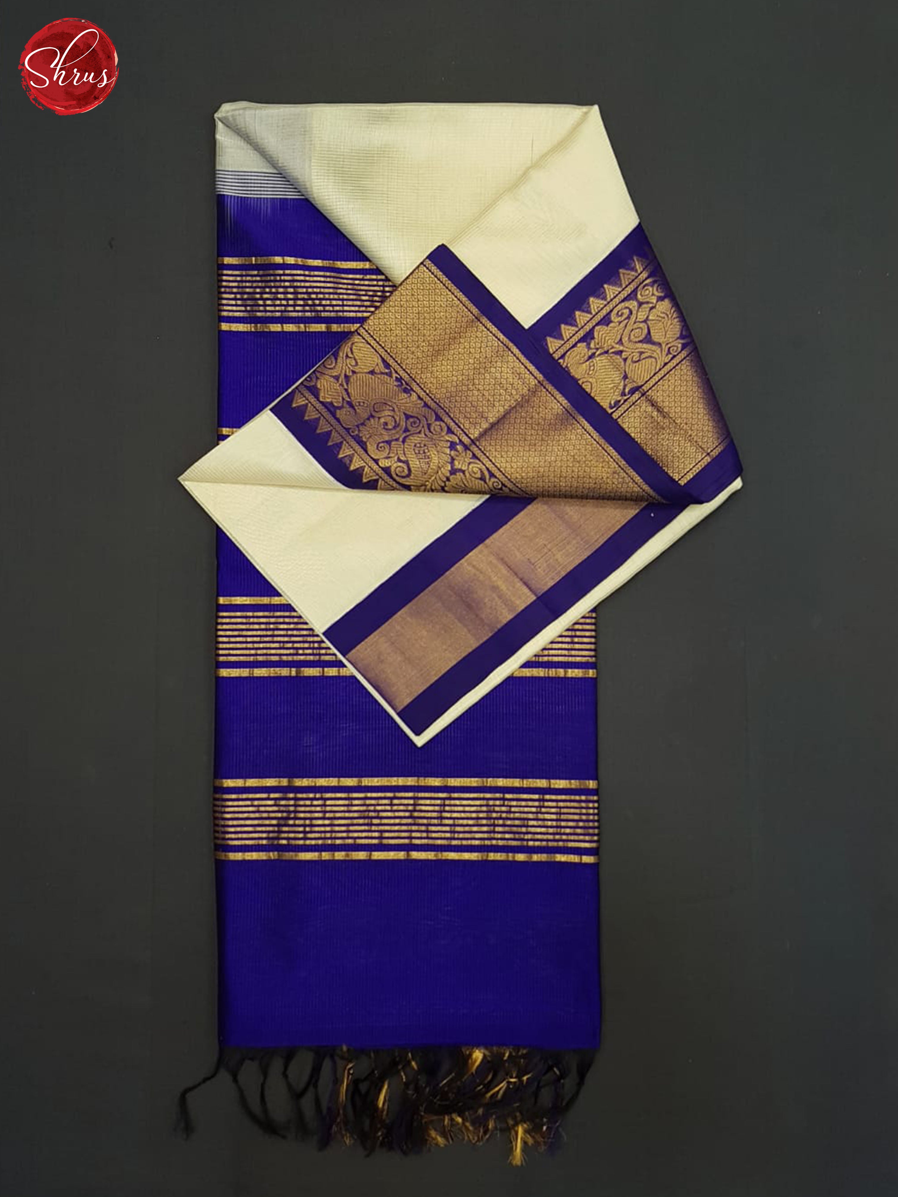 Cream And Blue-Silk Cotton Saree - Shop on ShrusEternity.com