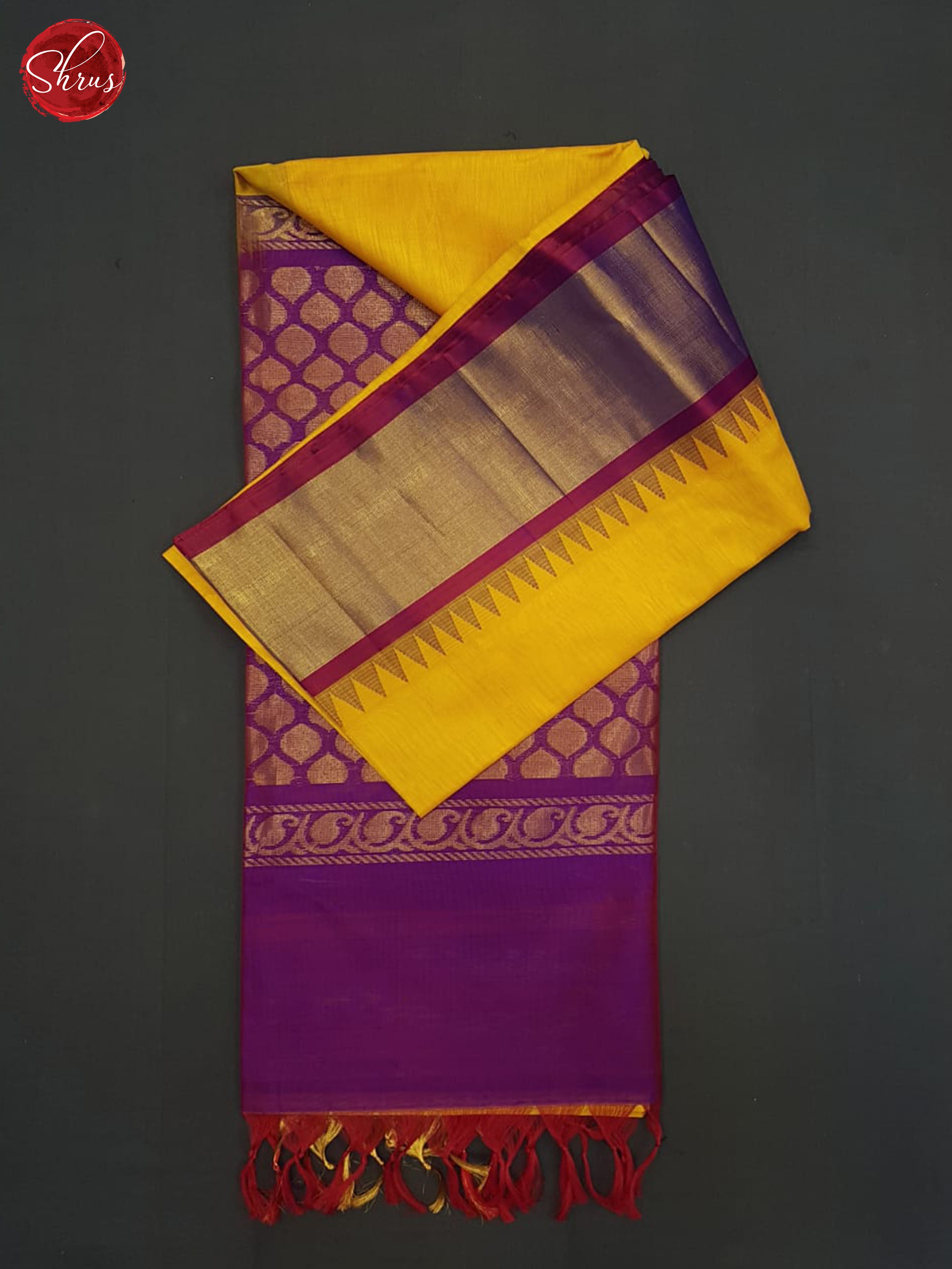 Mambala Yellow And Purple-Silk cotton Saree - Shop on ShrusEternity.com