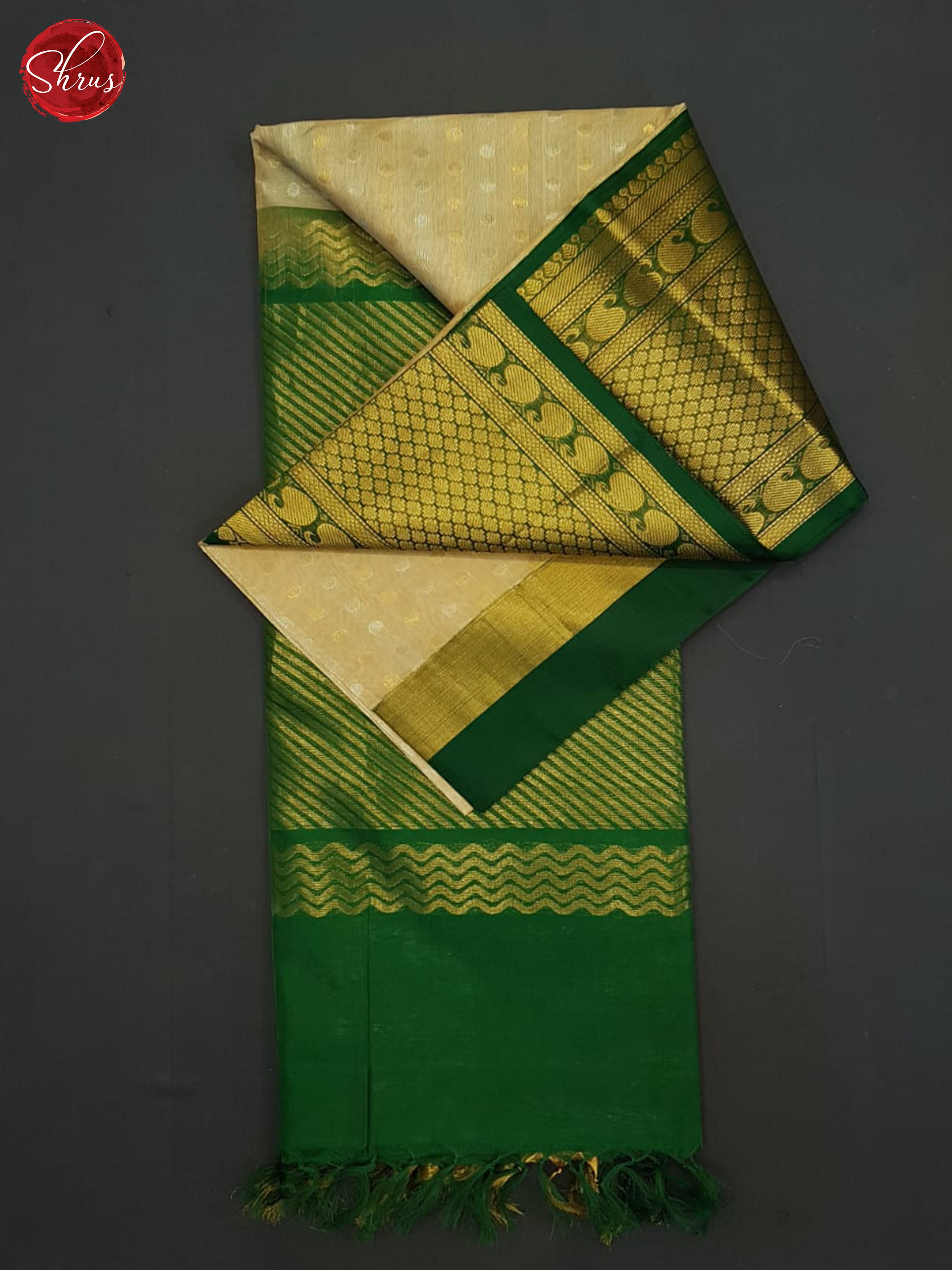 Beige And Green-silk cotton saree - Shop on ShrusEternity.com