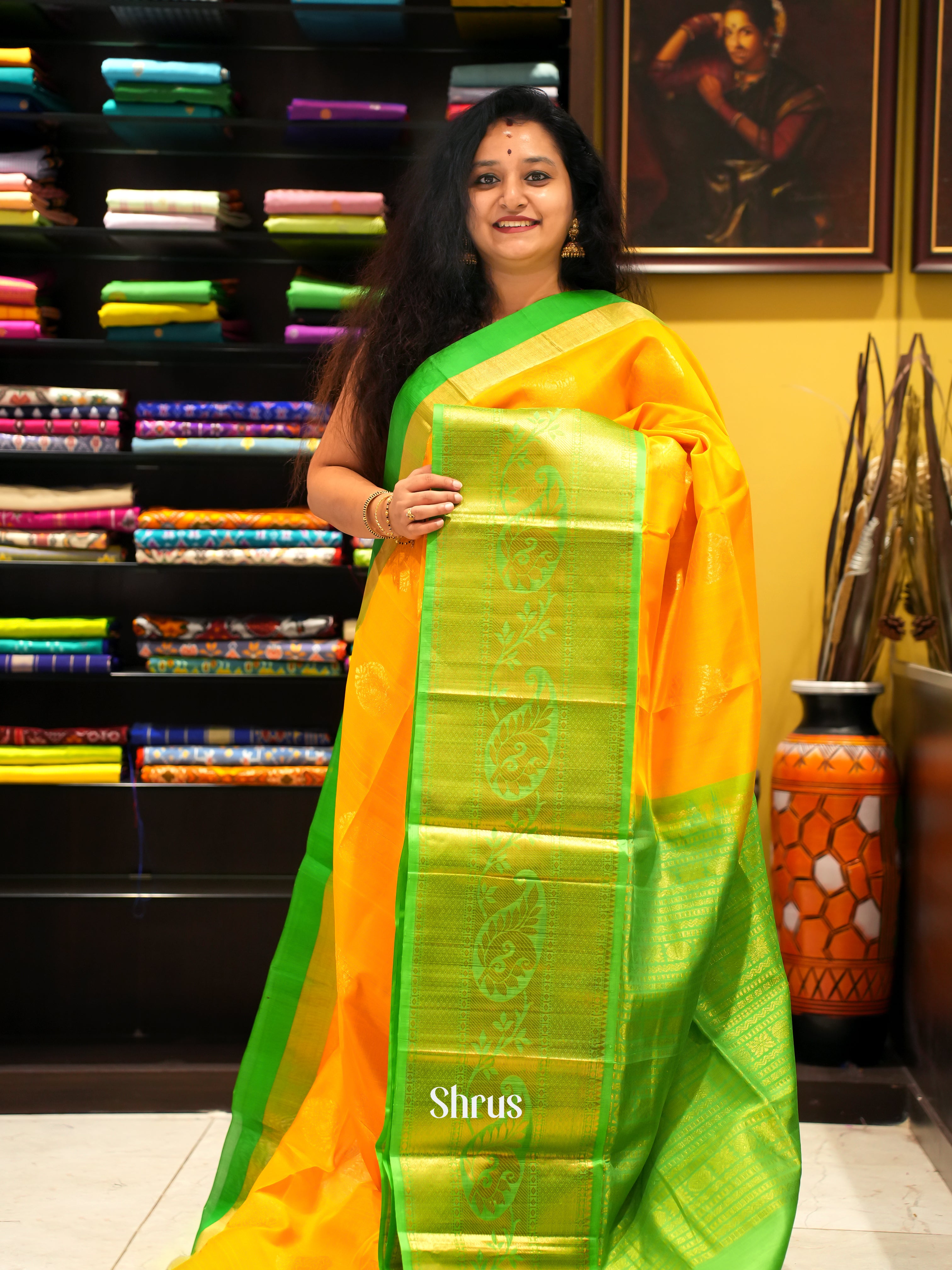 Yellow And Green- Silk Cotton Saree