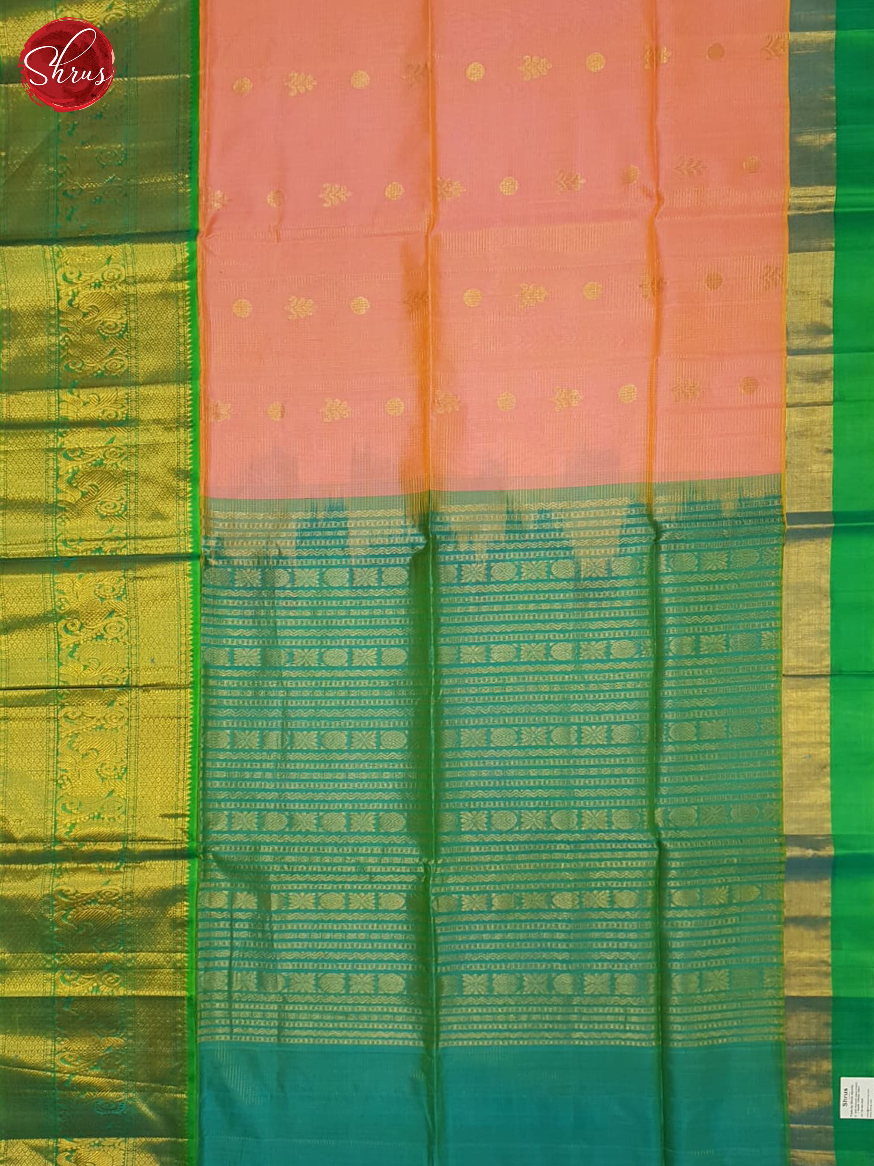 Peachish Pink And Green- Silkk cotton saree - Shop on ShrusEternity.com