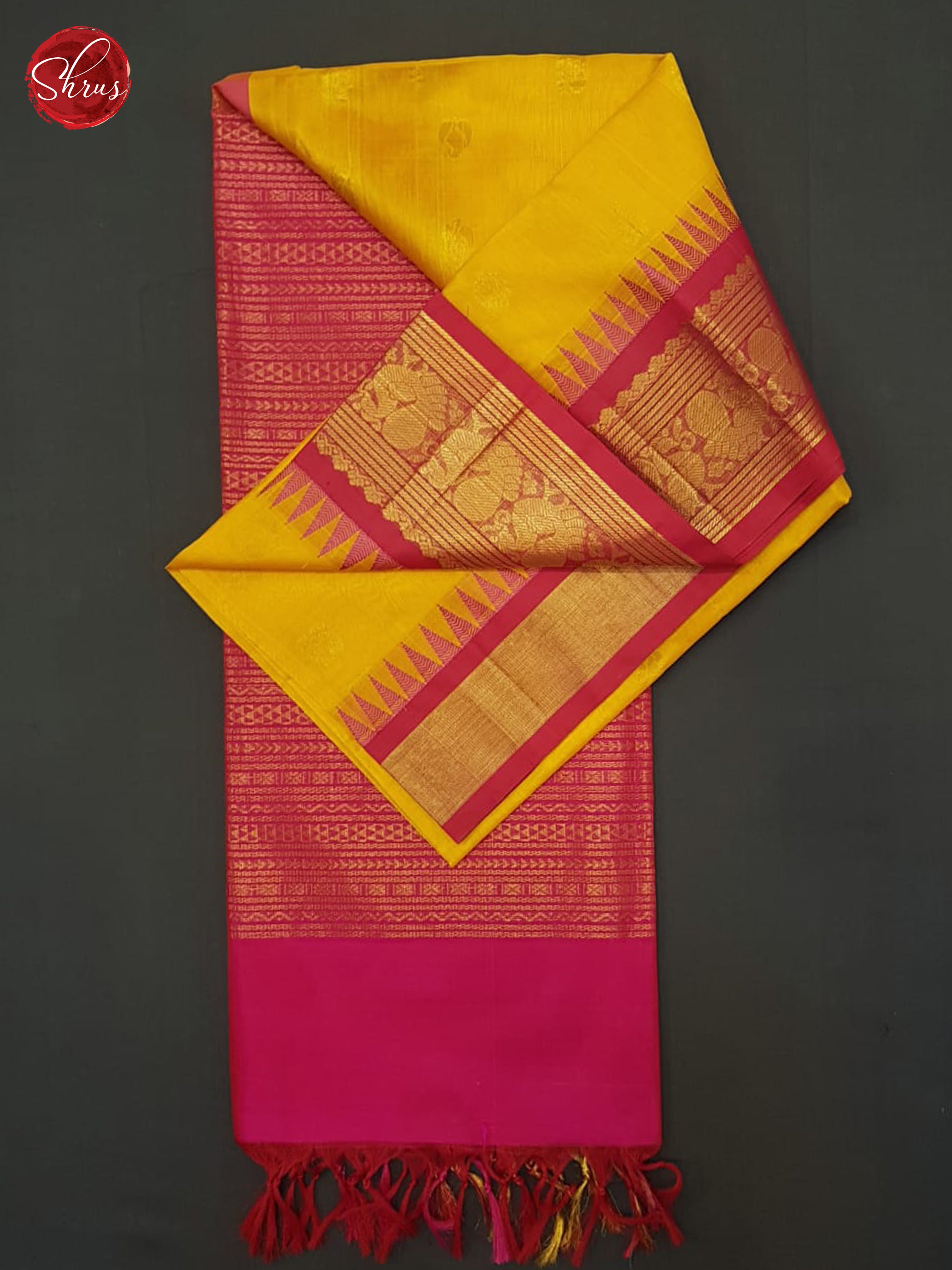 Yellow And Pink- Silk Cotton Saree - Shop on ShrusEternity.com