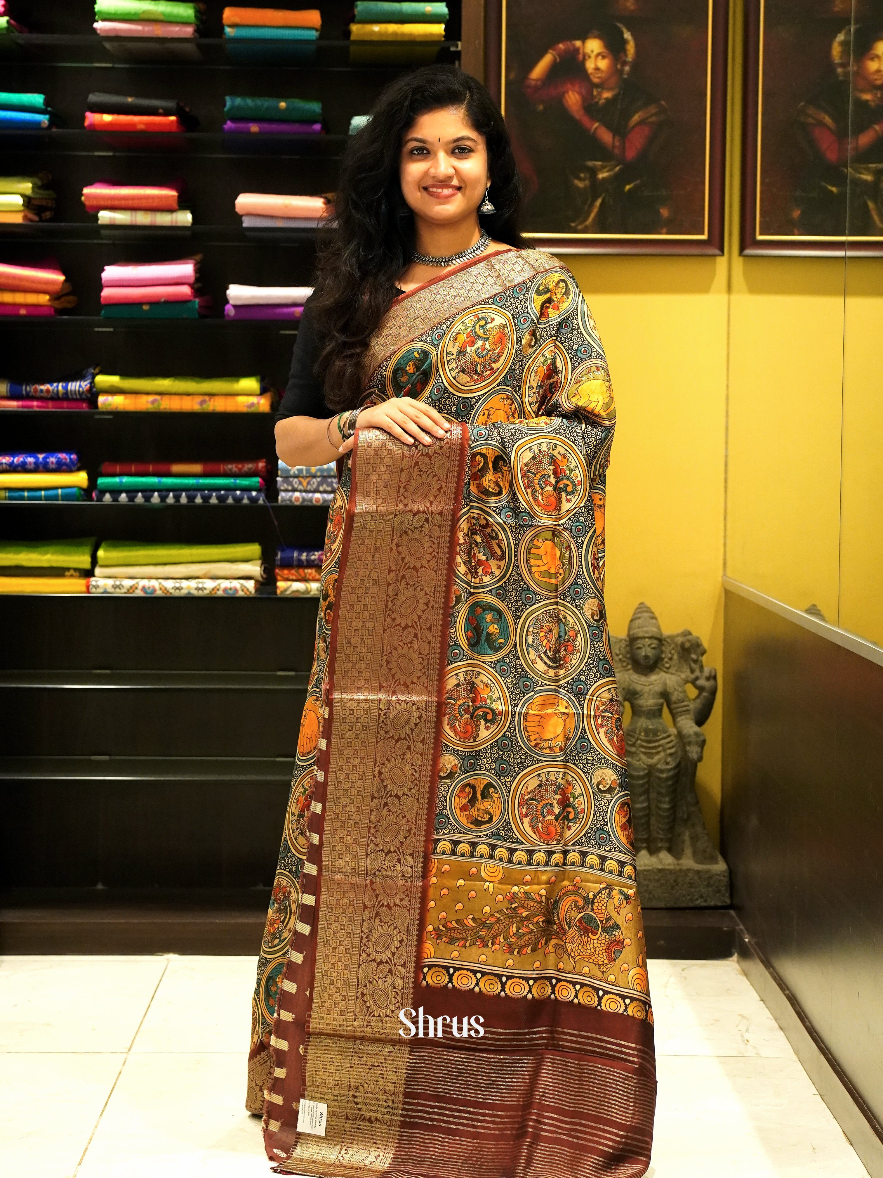 Beige And Brown-Semi Crepe Saree