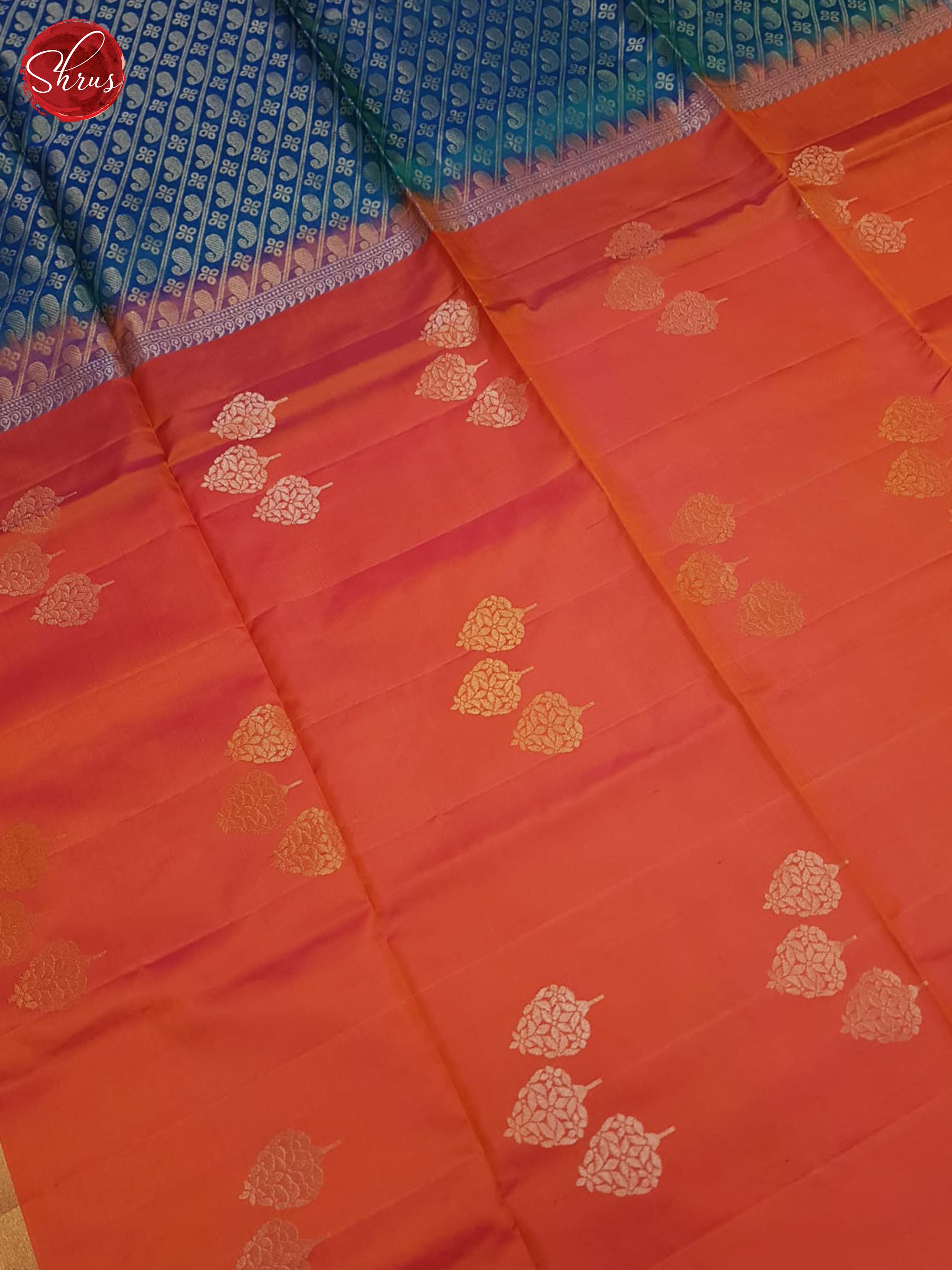 Orangish Red and blue - Soft Silk Saree - Shop on ShrusEternity.com