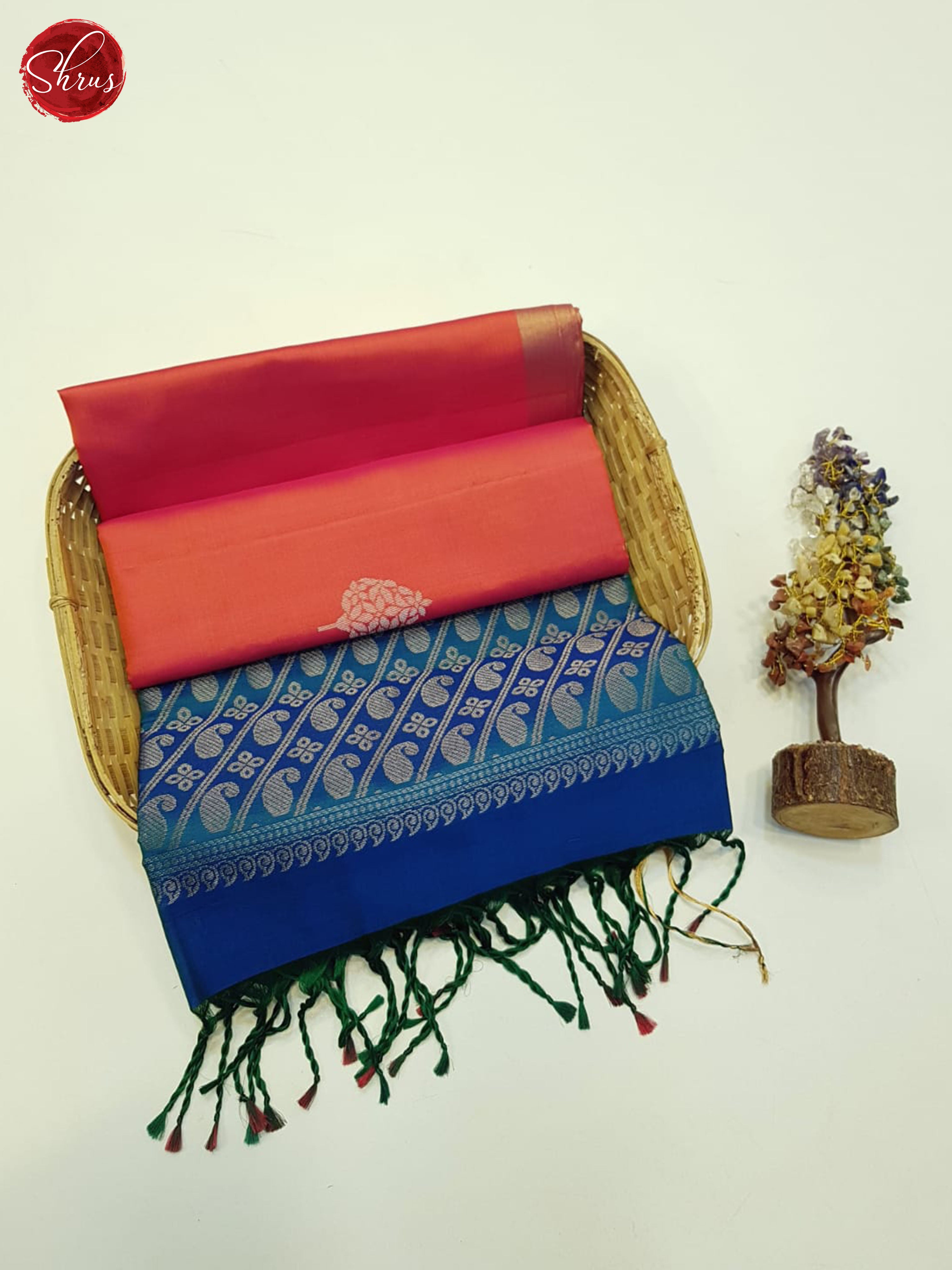 Orangish Red and blue - Soft Silk Saree - Shop on ShrusEternity.com