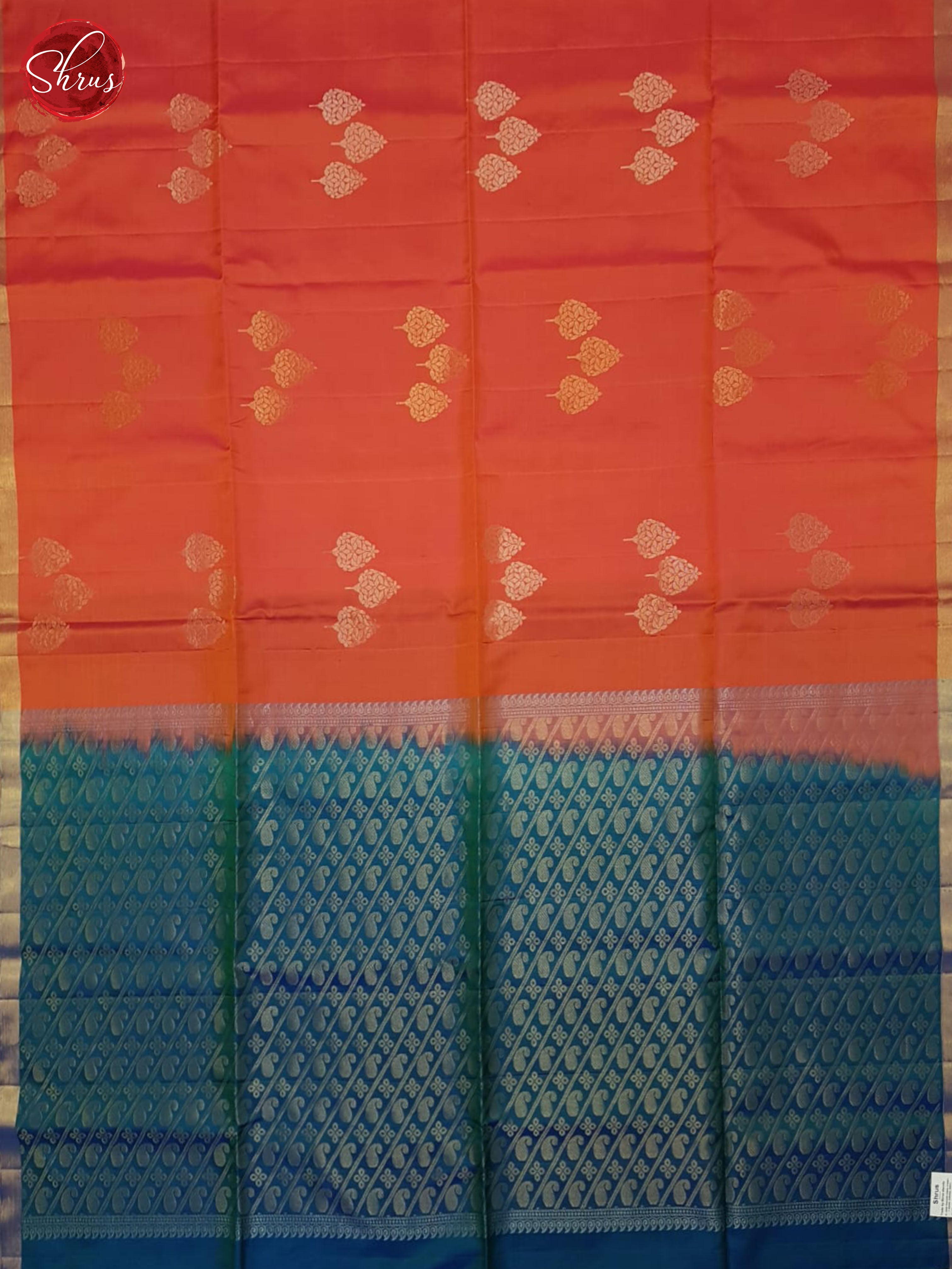 Orangish Red and blue - Soft Silk Saree - Shop on ShrusEternity.com