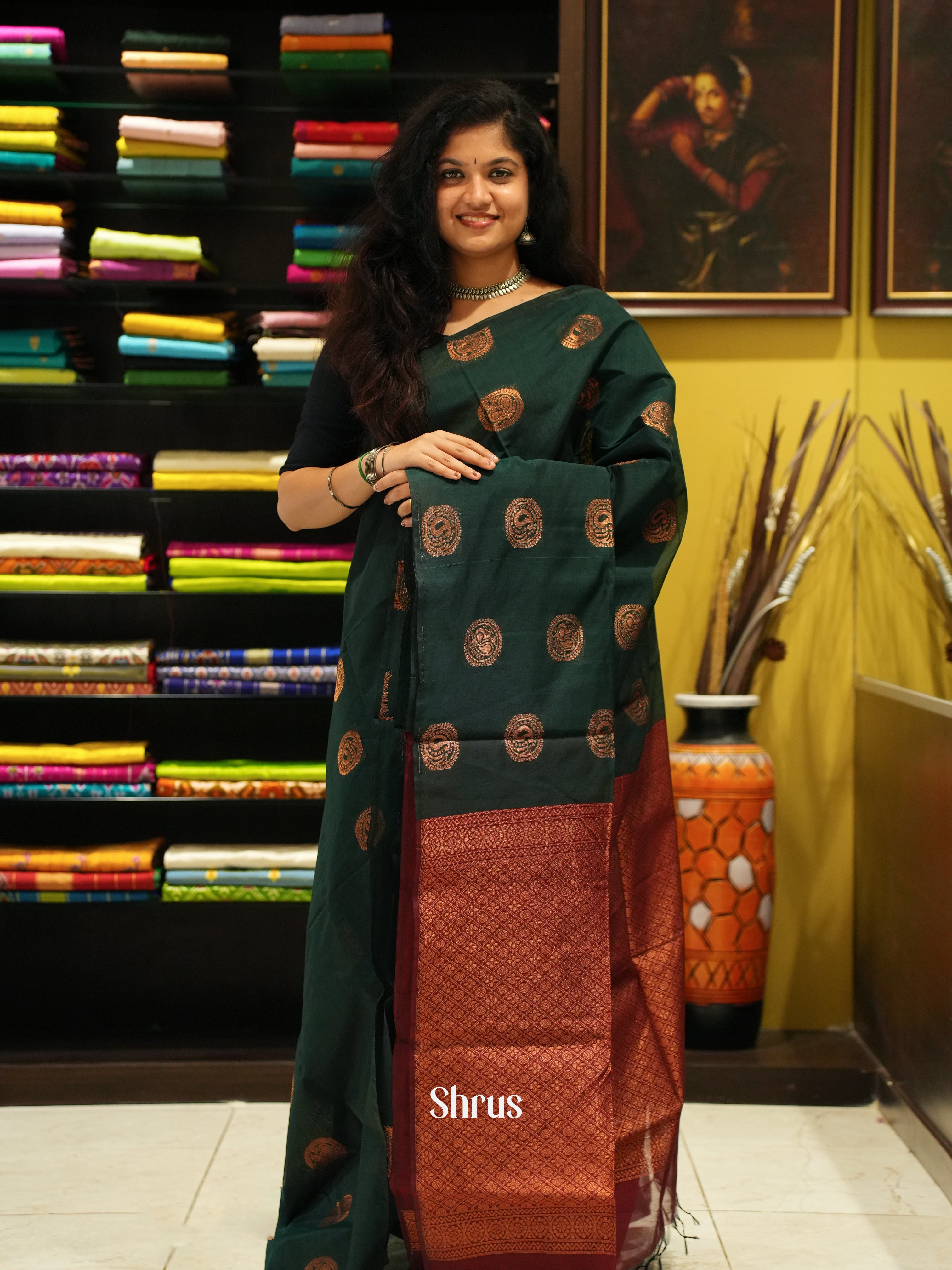 Green And Arraku Maroon-Semi Silk Cotton Saree