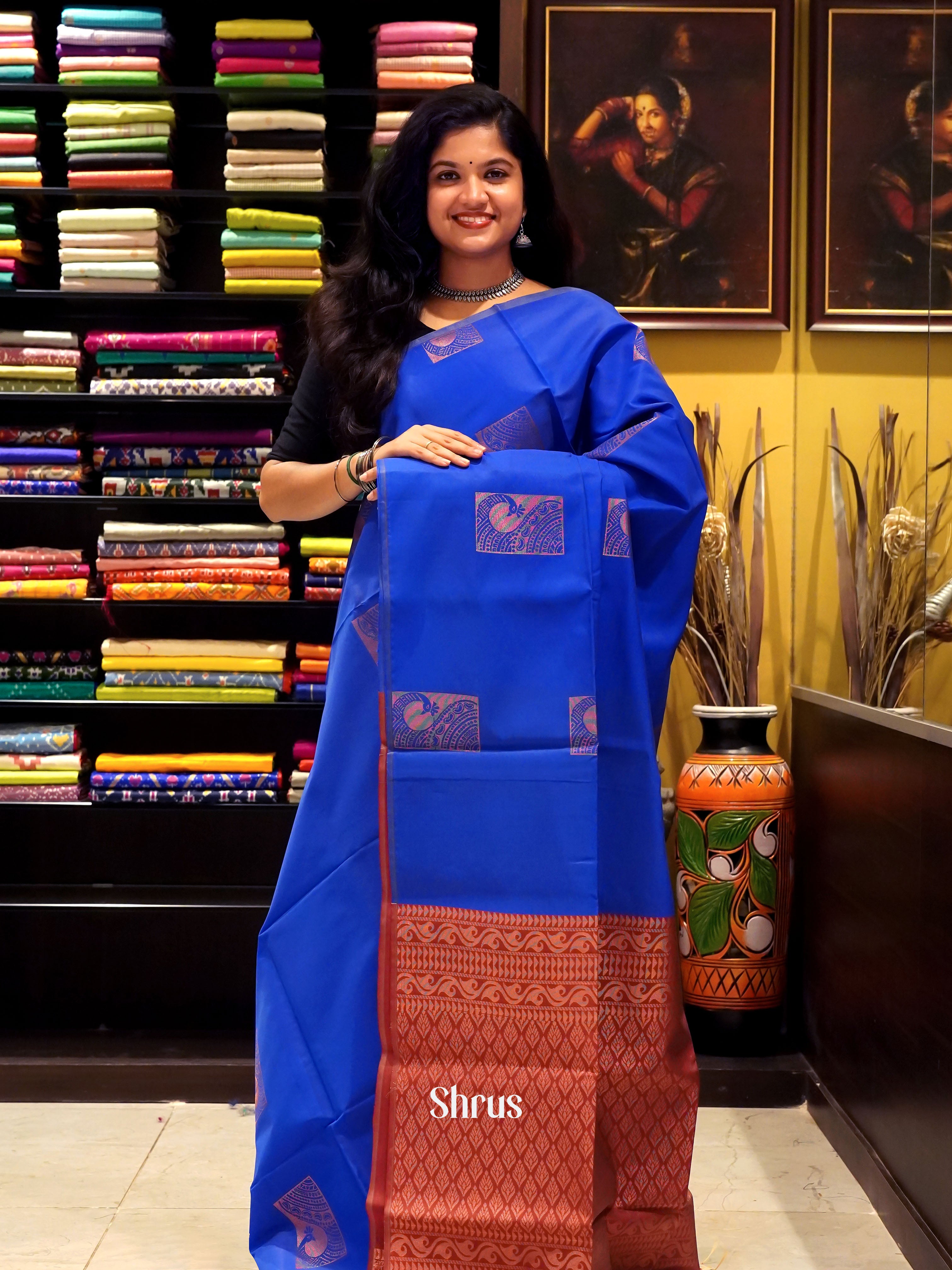 Blue And Arakku Maroon-Semi soft silk saree